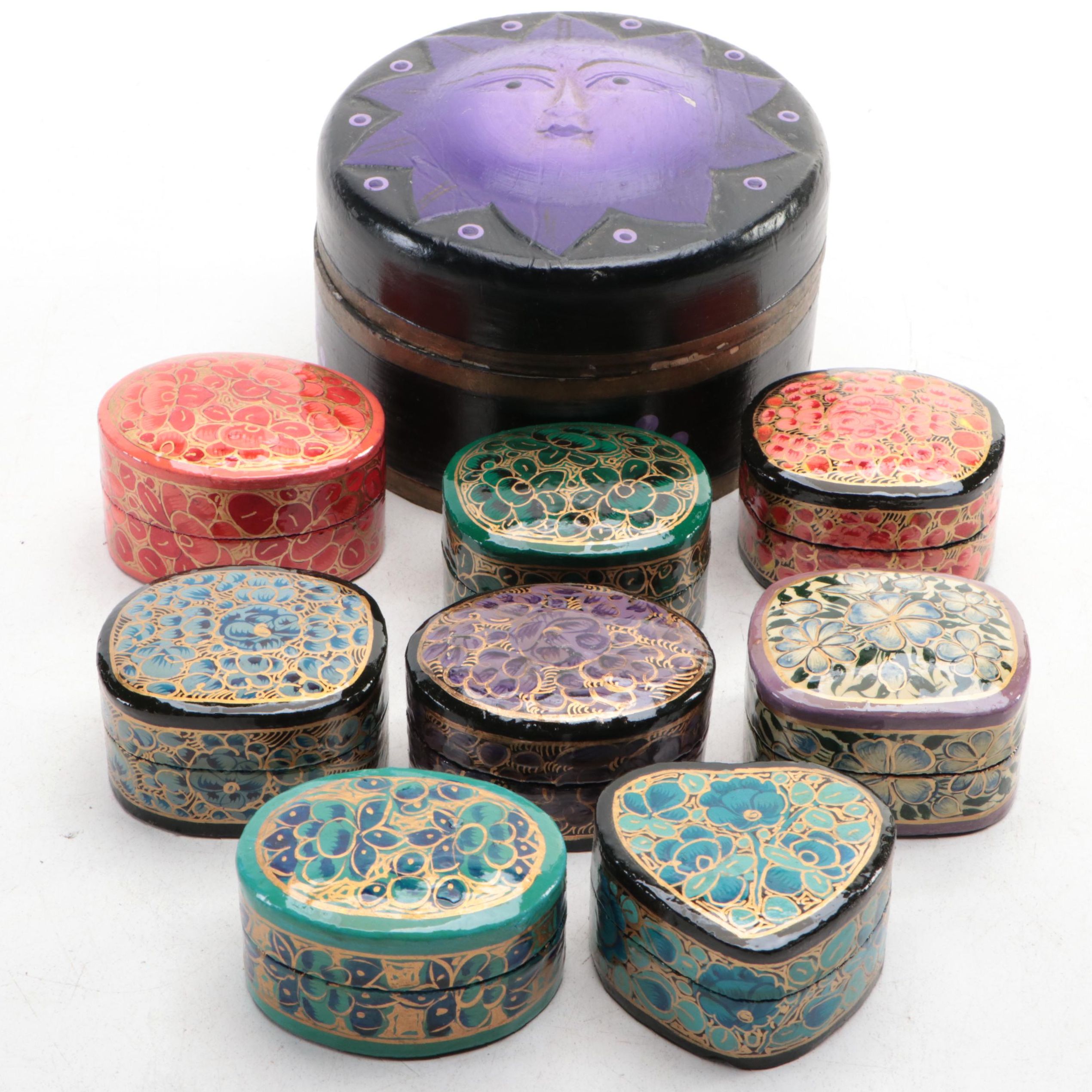 Indonesian Hand-Carved and Painted Wood Lidded Box with Lacquerware Boxes