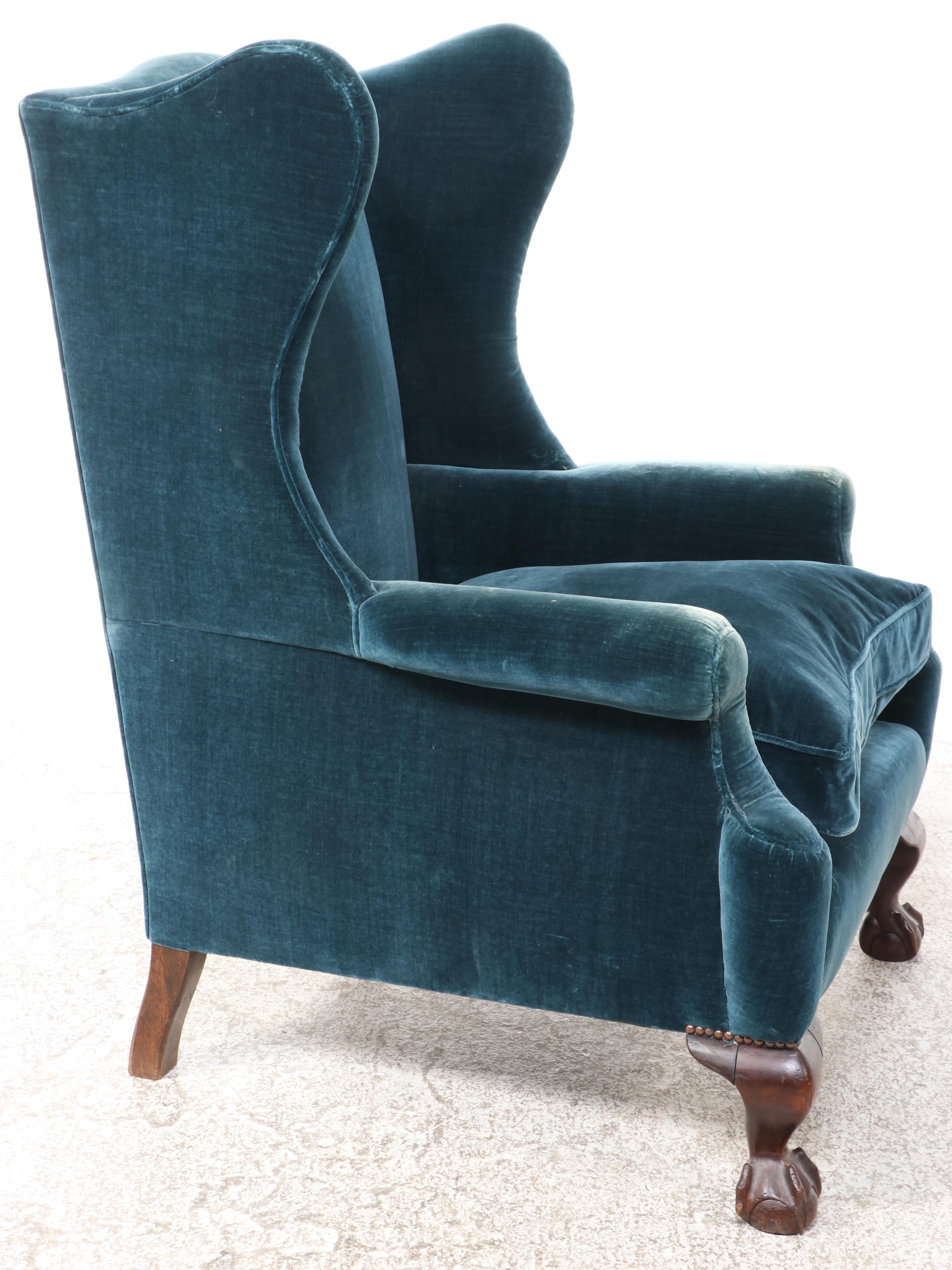 Green Velvet Upholstered Claw Footed Wingback Armchair