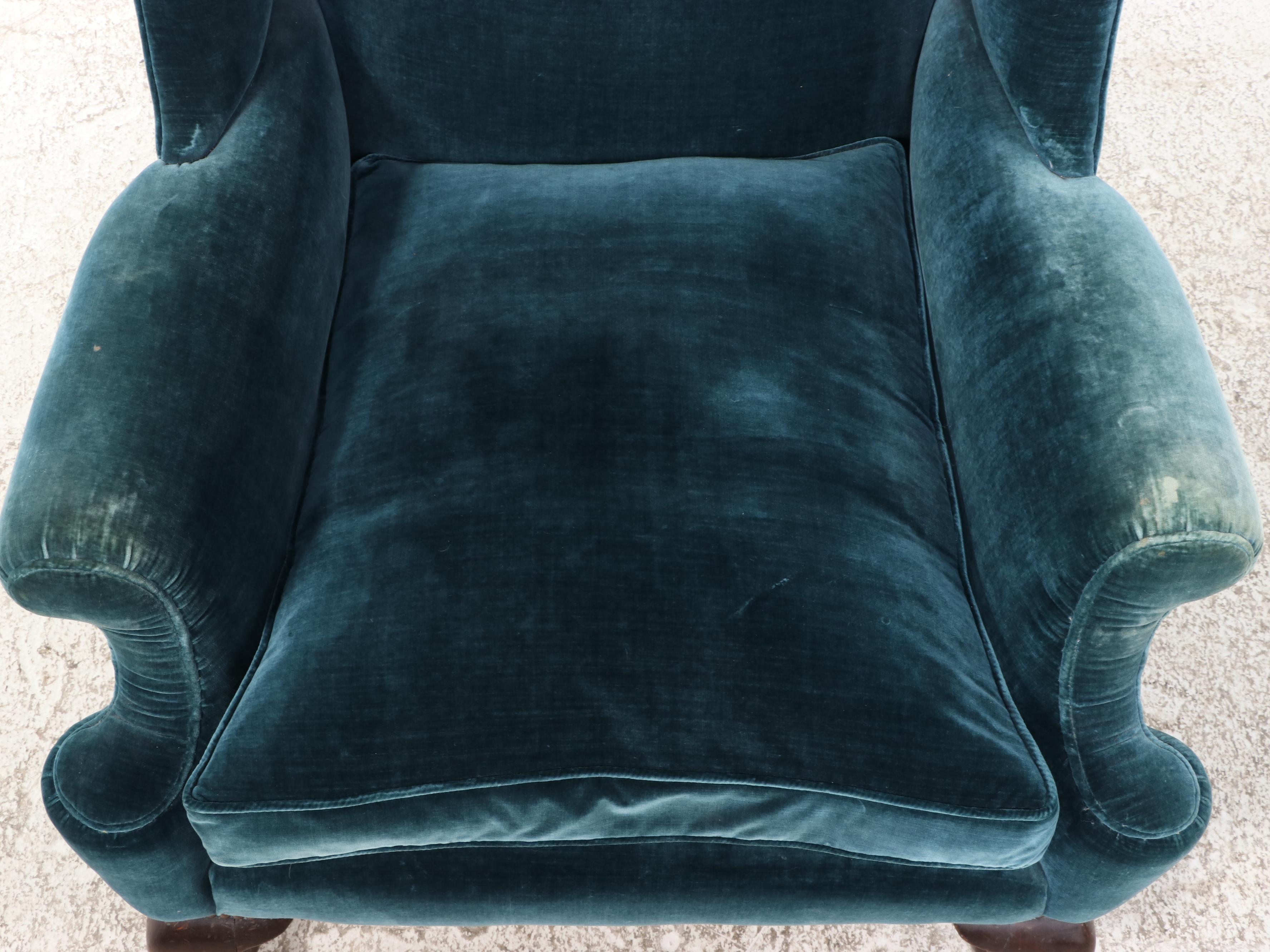 Green Velvet Upholstered Claw Footed Wingback Armchair