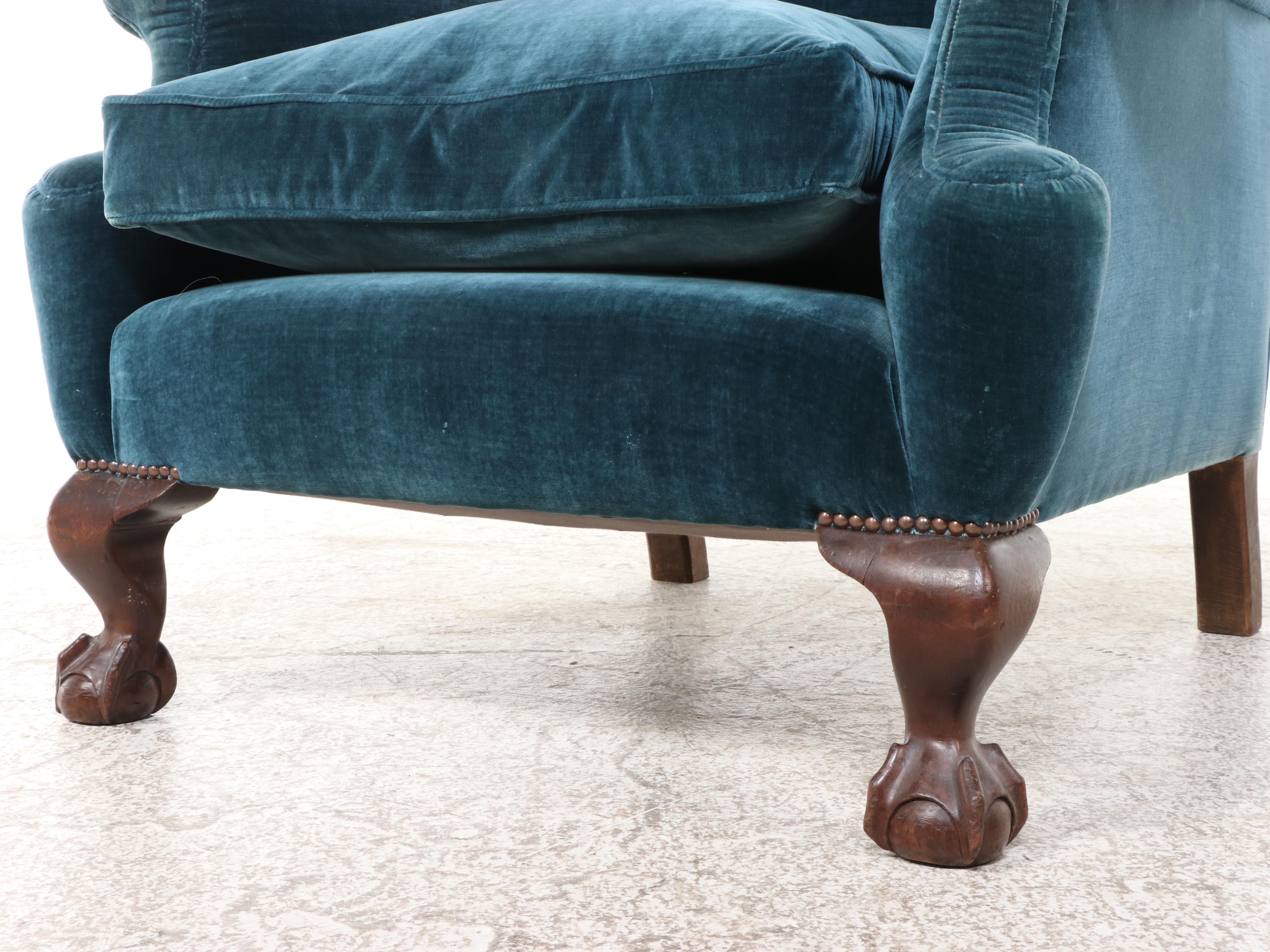 Green Velvet Upholstered Claw Footed Wingback Armchair