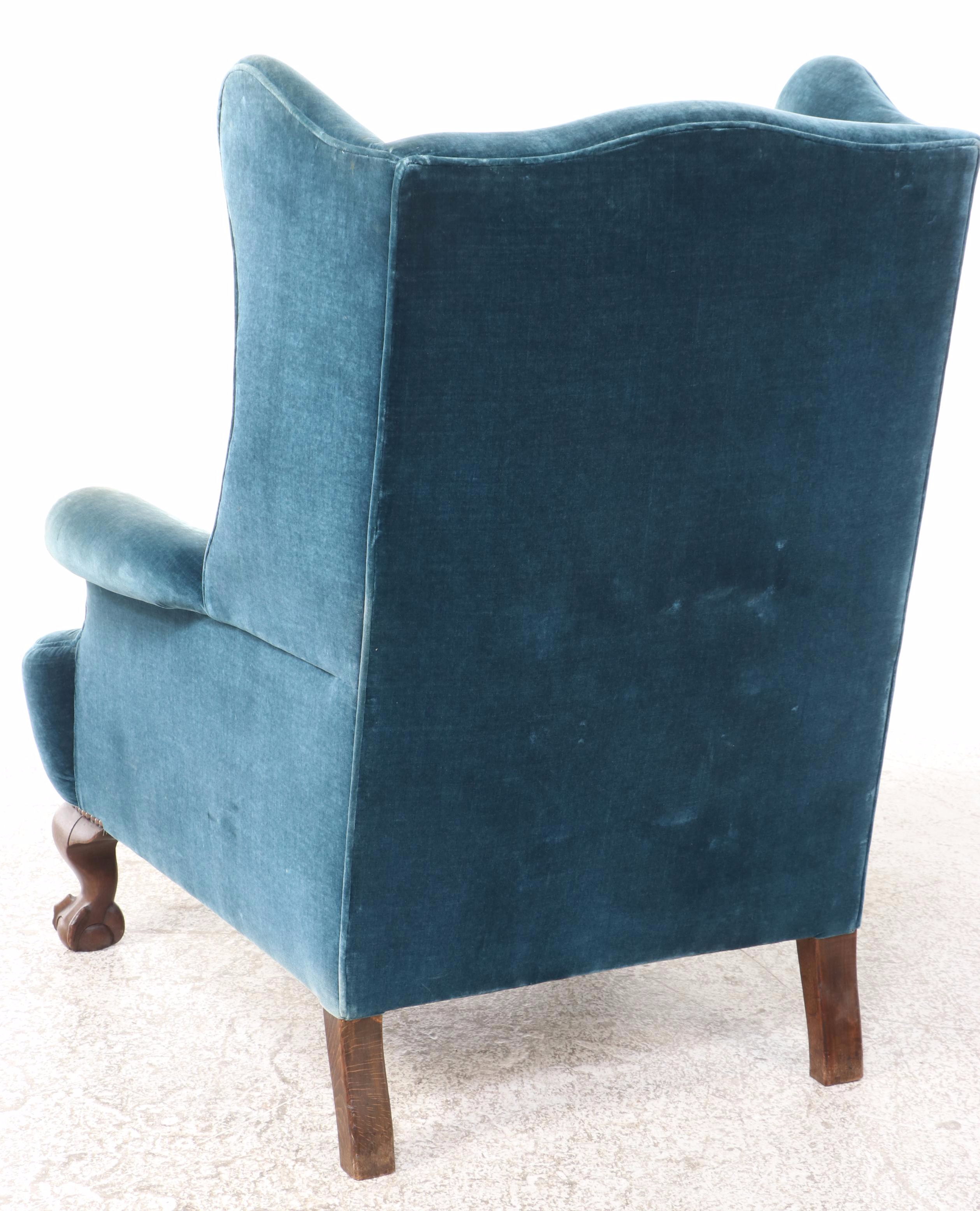 Green Velvet Upholstered Claw Footed Wingback Armchair