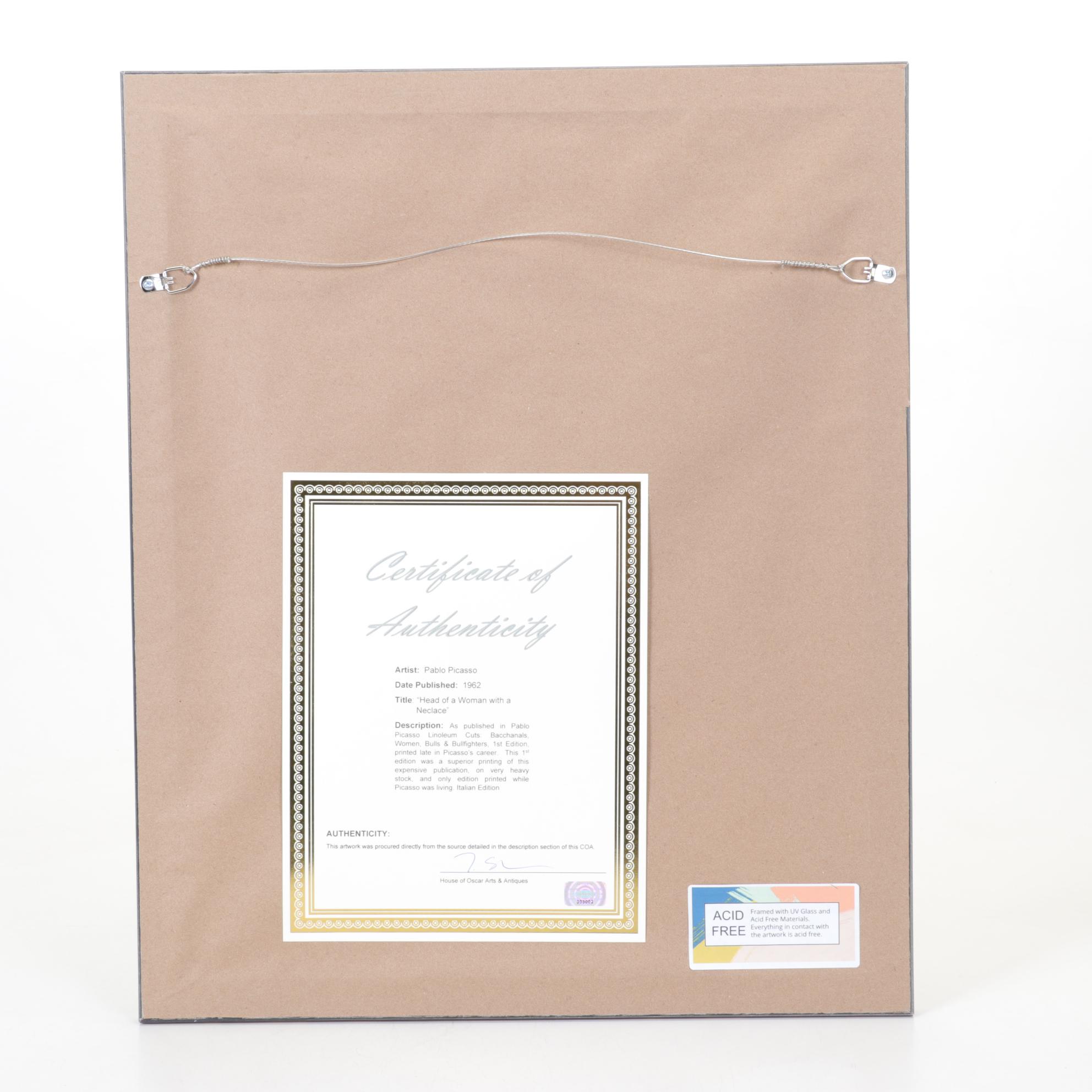 Pablo Picasso Linocut "Head of a Woman with a Necklace," 1962