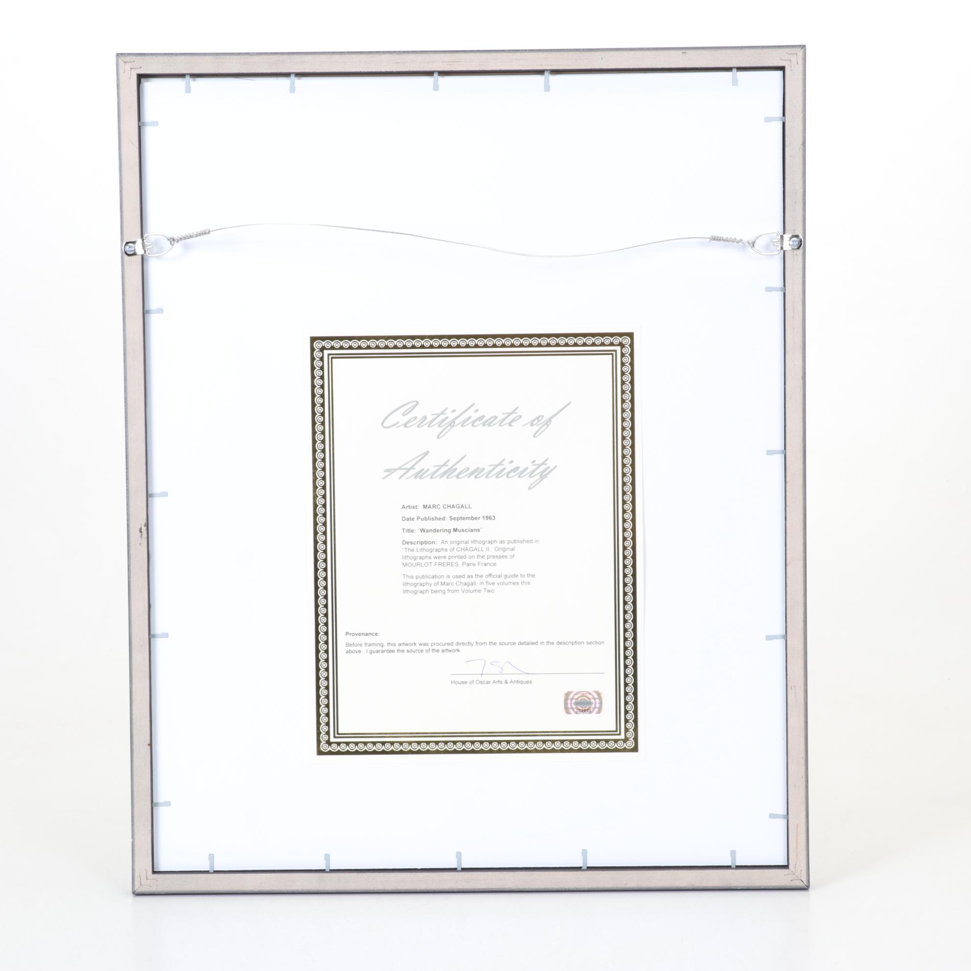 Marc Chagall Lithograph "Les Musiciens Vagabonds," 1963