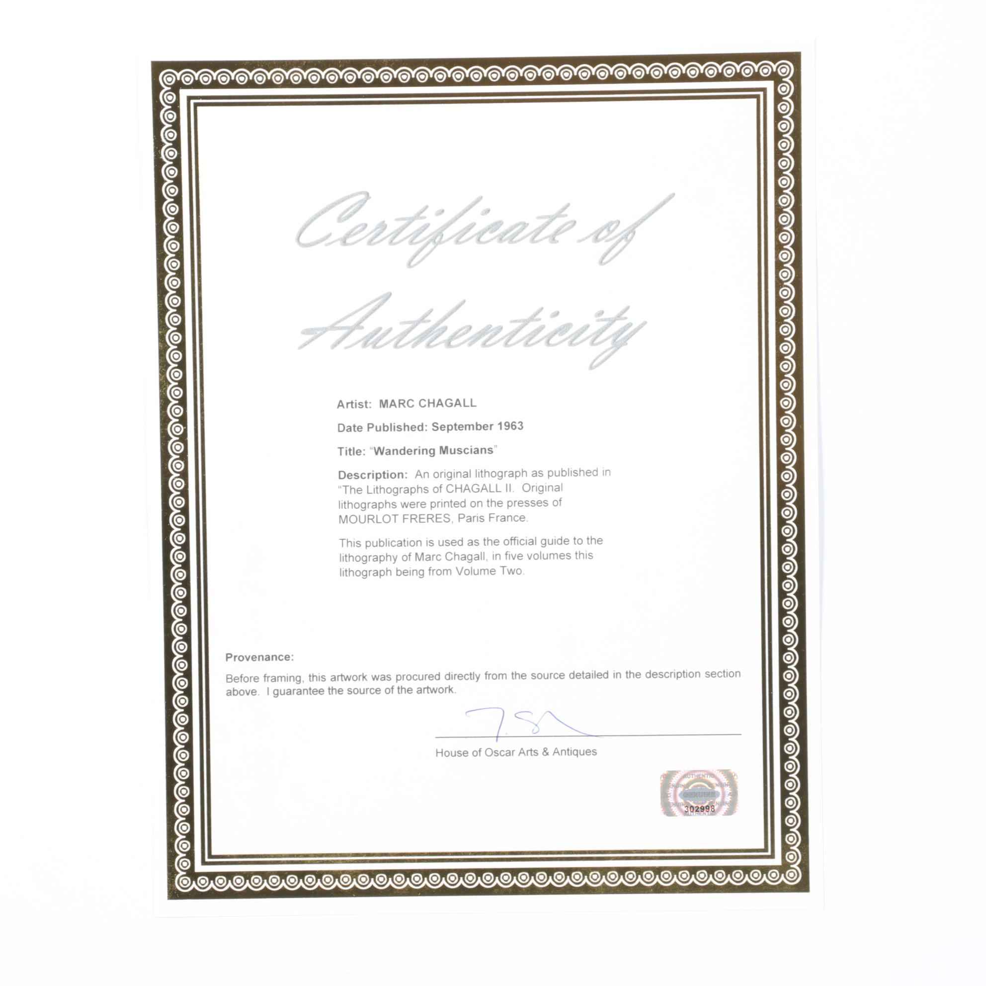 Marc Chagall Lithograph "Les Musiciens Vagabonds," 1963