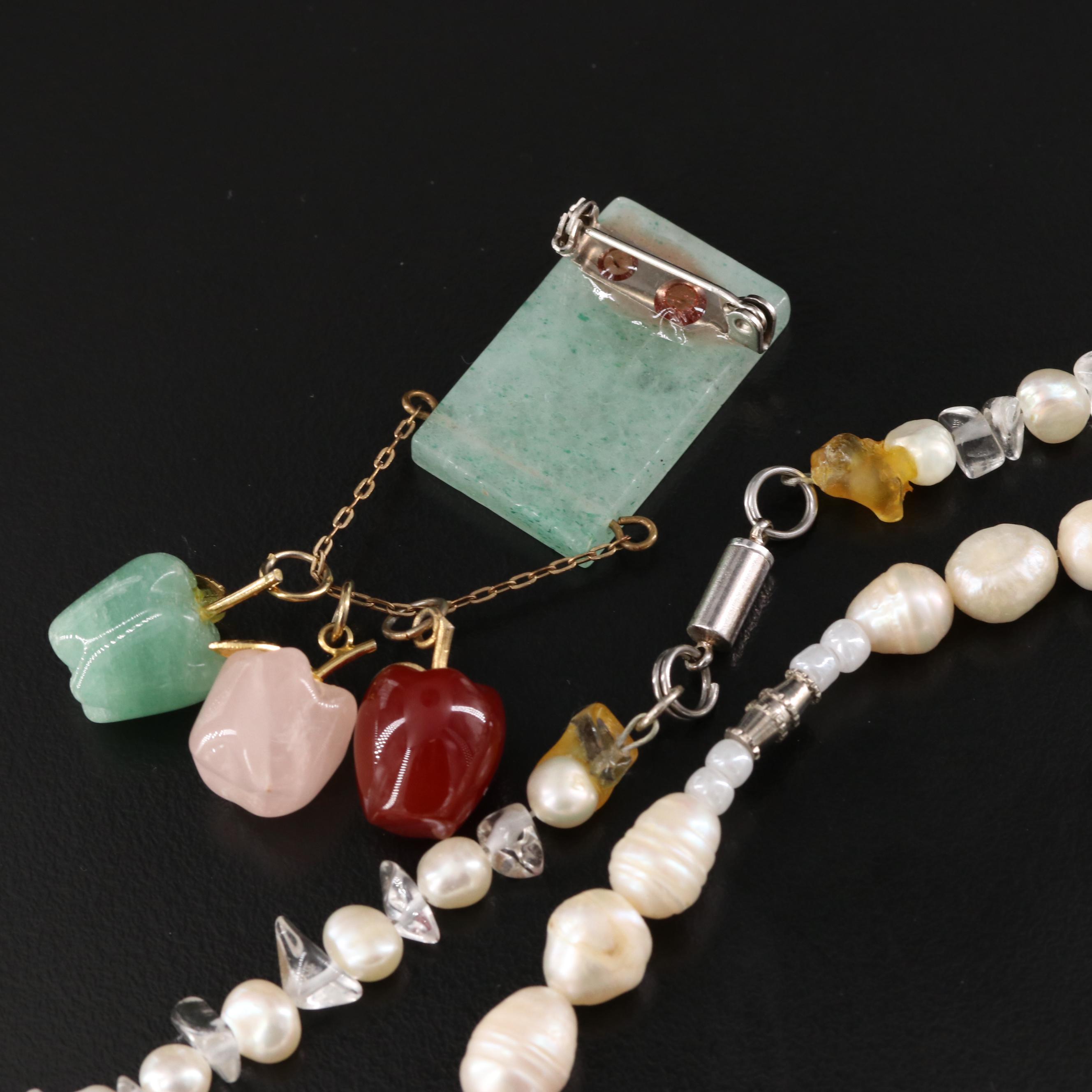 Aventurine, Pearl and Gemstone Necklaces and Pin