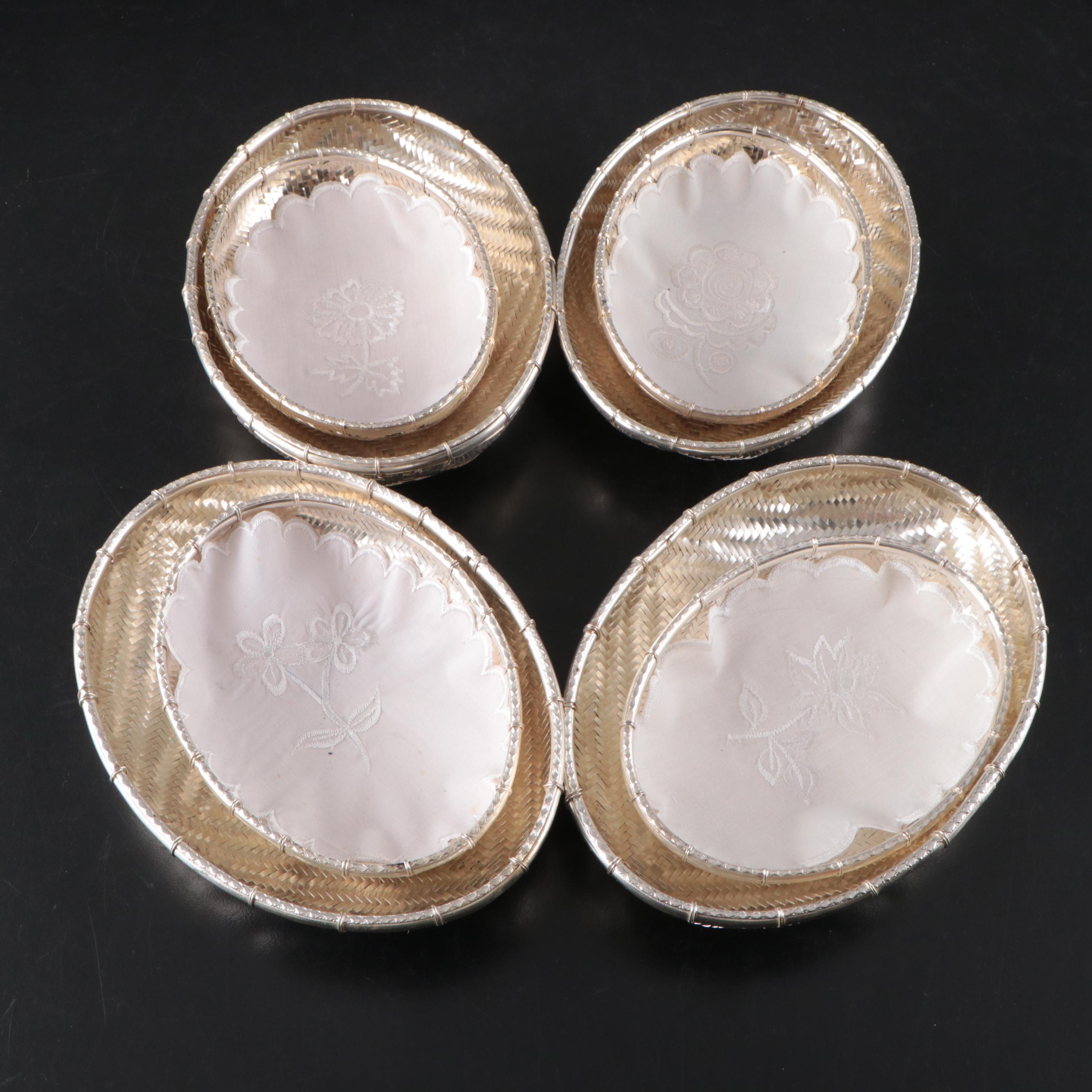 Weaved Silver Tone Metal Bowls and Cloth Liners with Floral Motif
