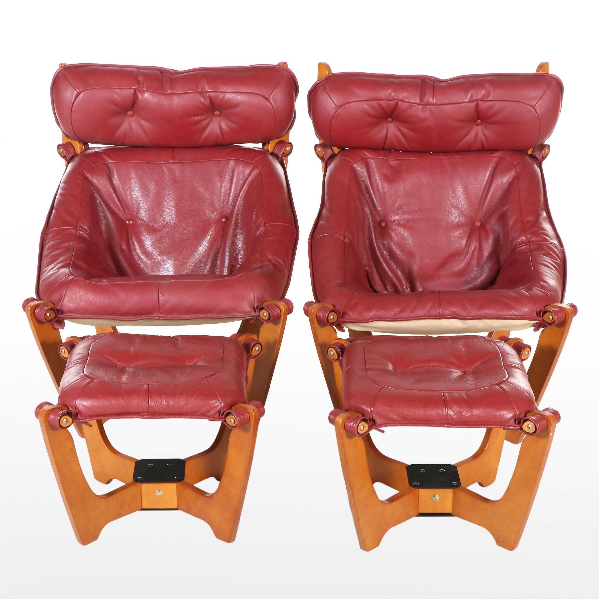 Pair of Odd Knutsen for IMG "Luna" Leather High-Back Lounge Chairs with Ottomans