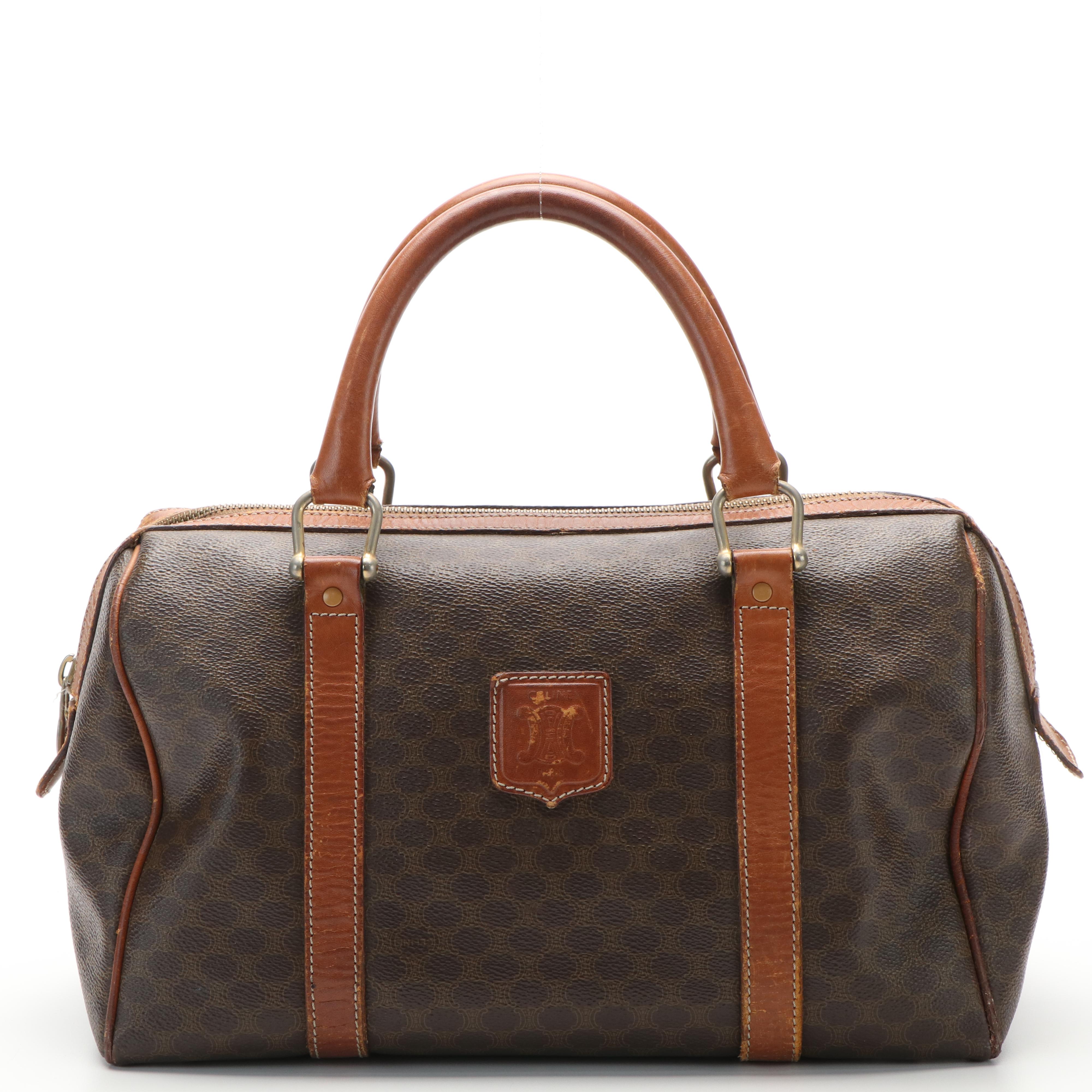 Celine Macadam Blason Boston Bag in Brown Coated Canvas and Leather
