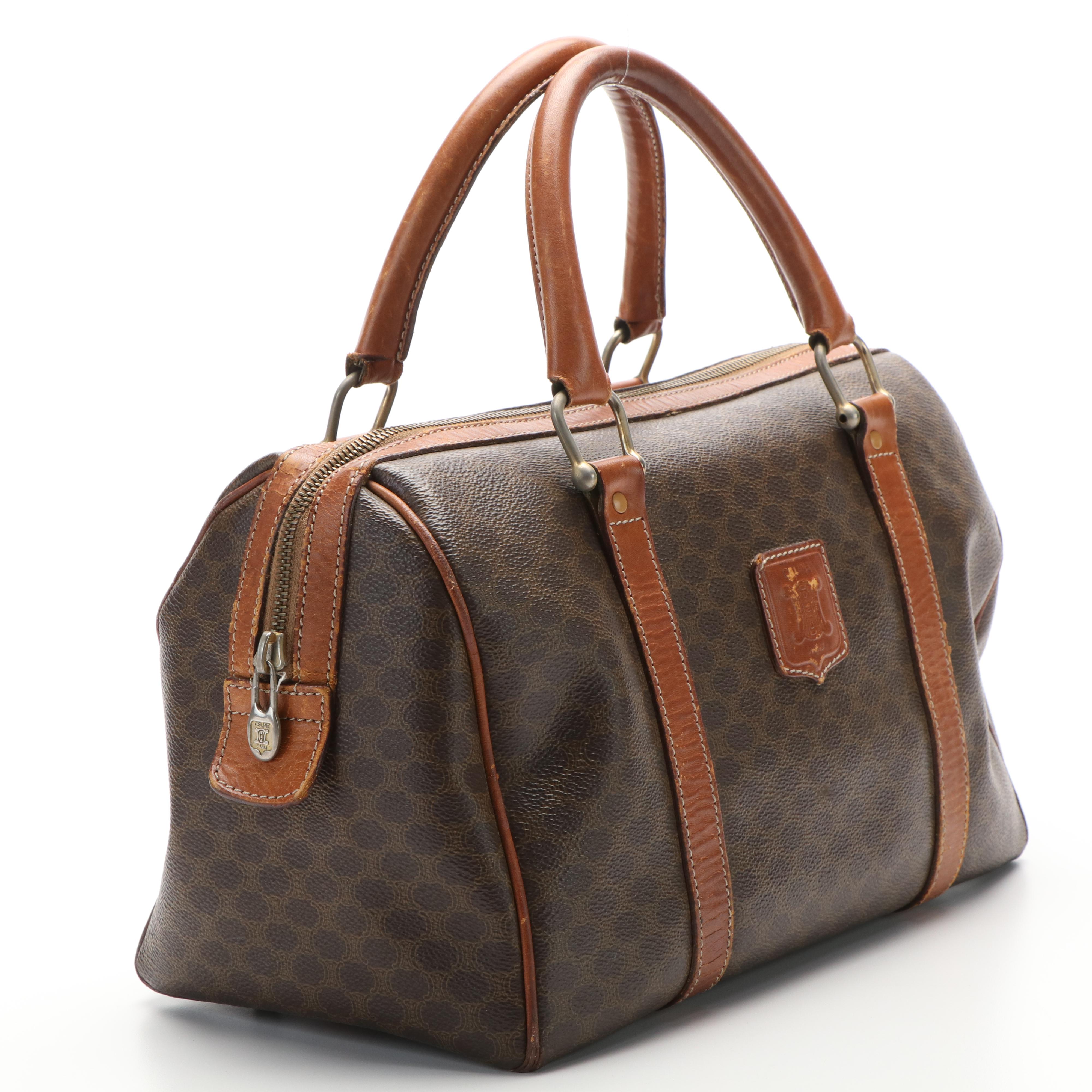 Celine Macadam Blason Boston Bag in Brown Coated Canvas and Leather