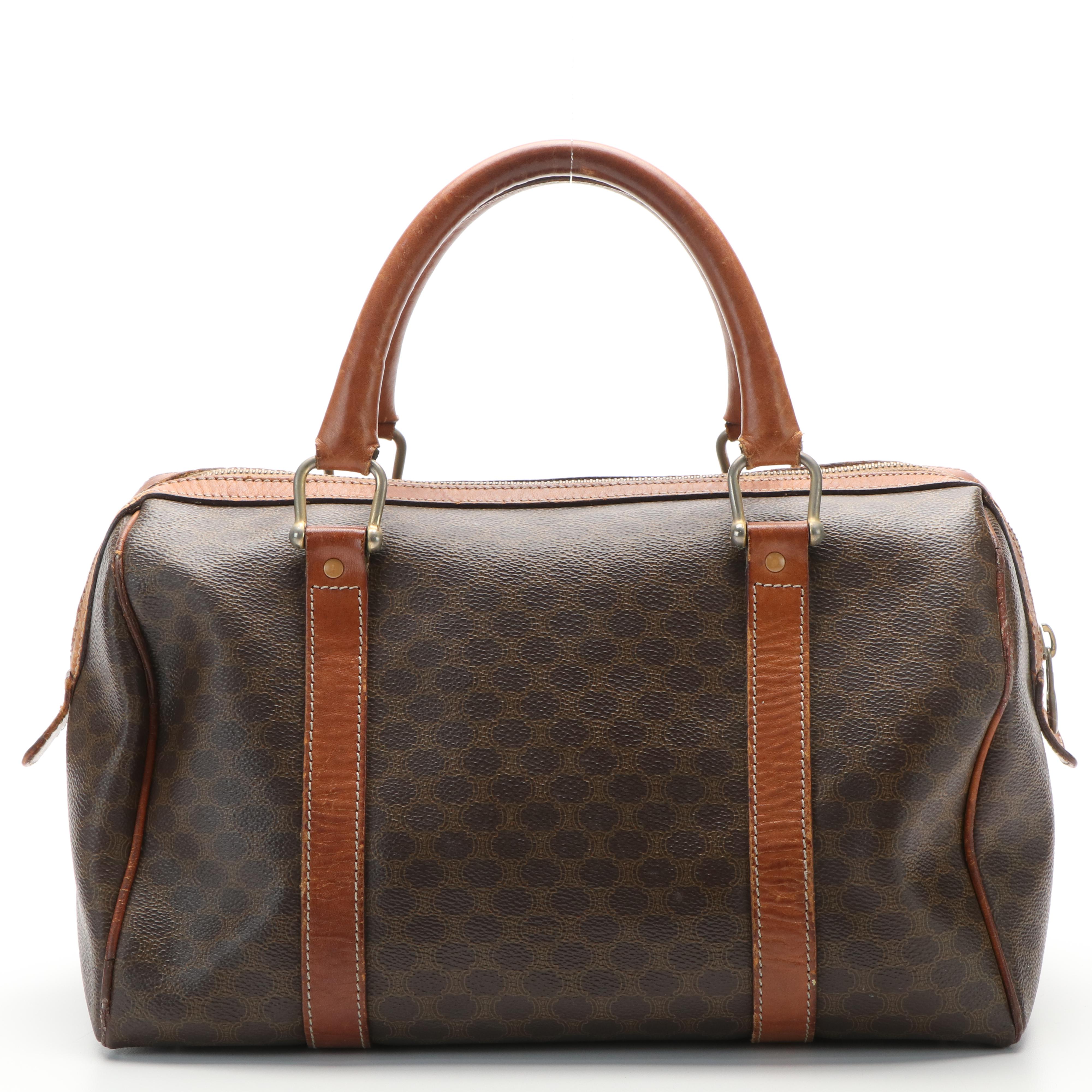 Celine Macadam Blason Boston Bag in Brown Coated Canvas and Leather