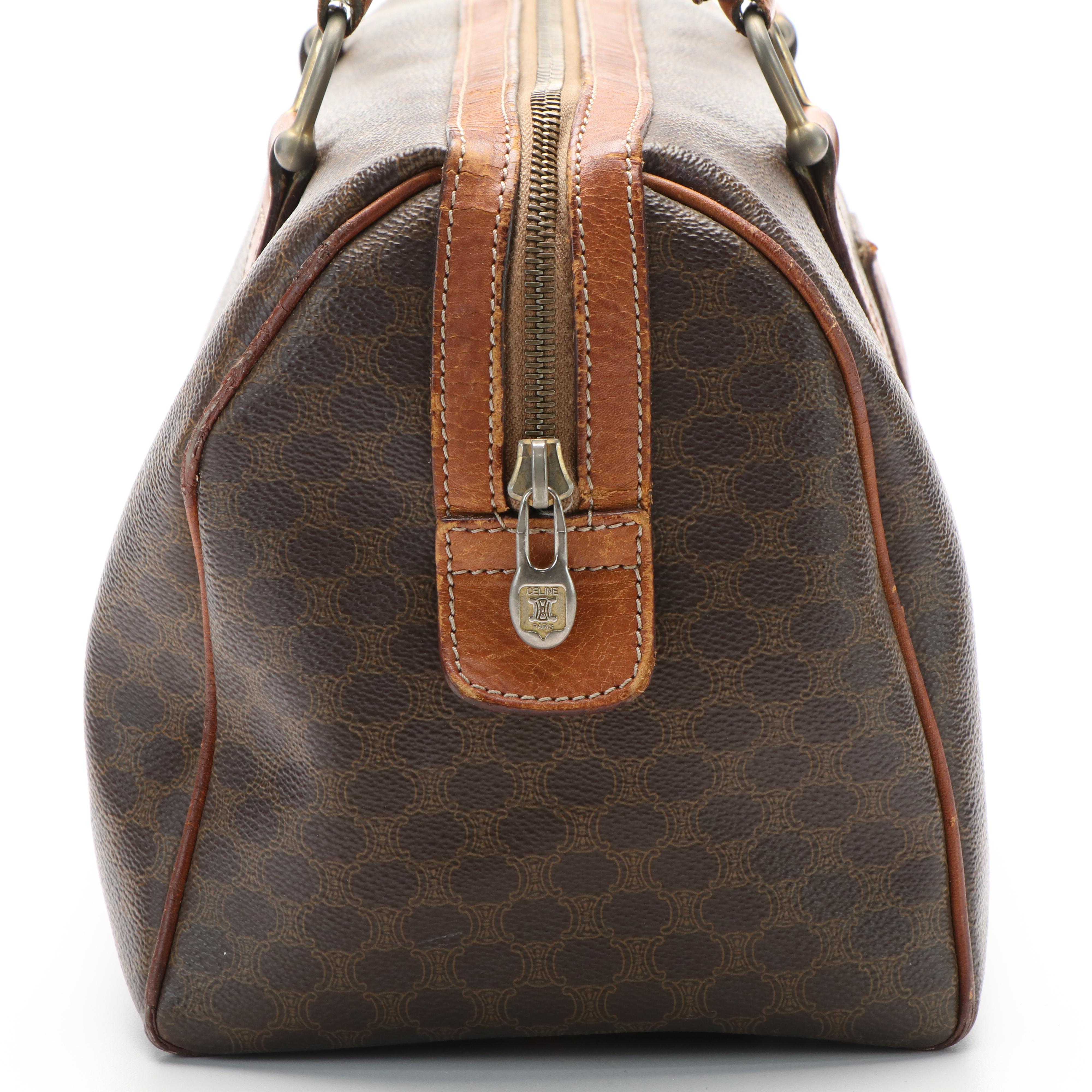 Celine Macadam Blason Boston Bag in Brown Coated Canvas and Leather