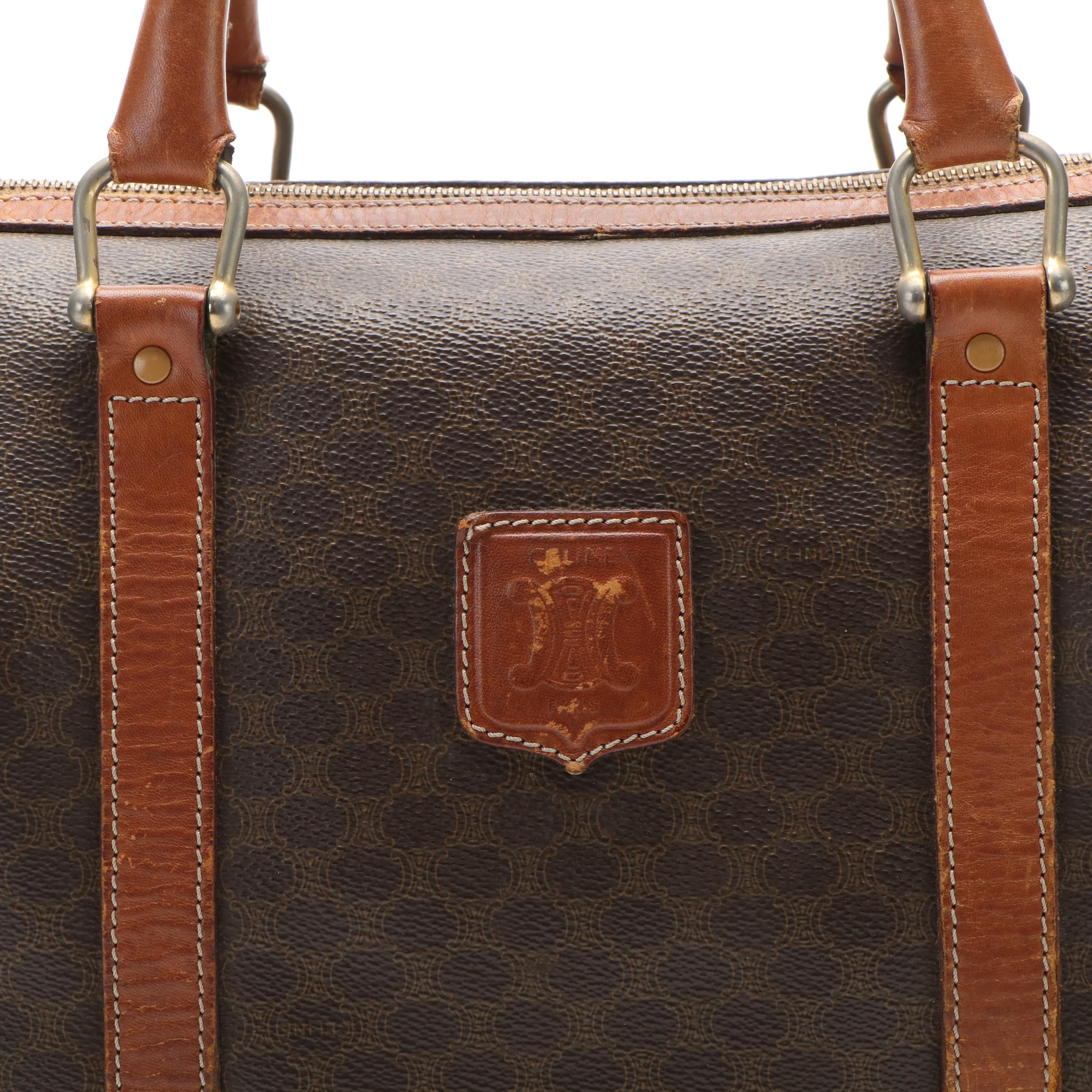 Celine Macadam Blason Boston Bag in Brown Coated Canvas and Leather
