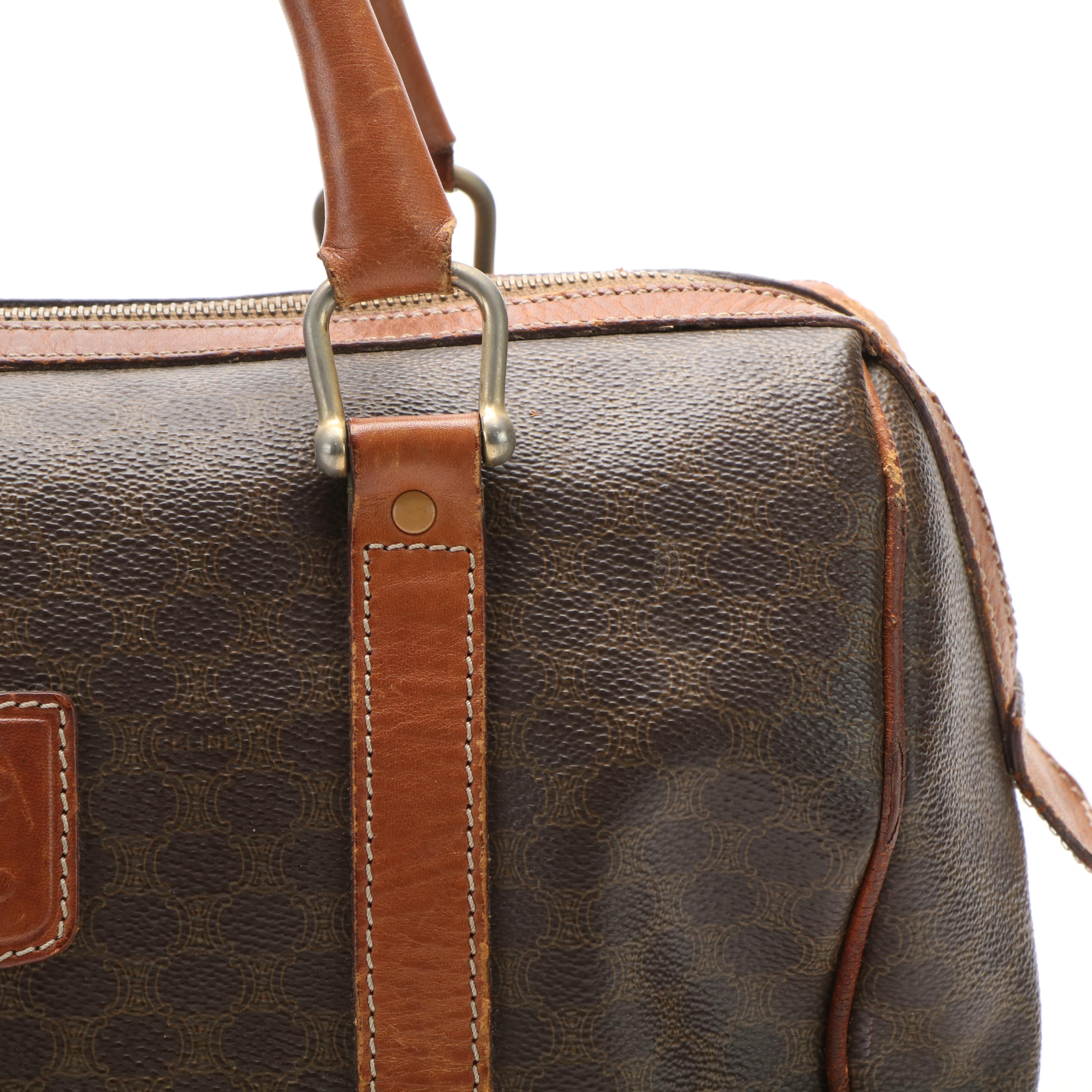 Celine Macadam Blason Boston Bag in Brown Coated Canvas and Leather