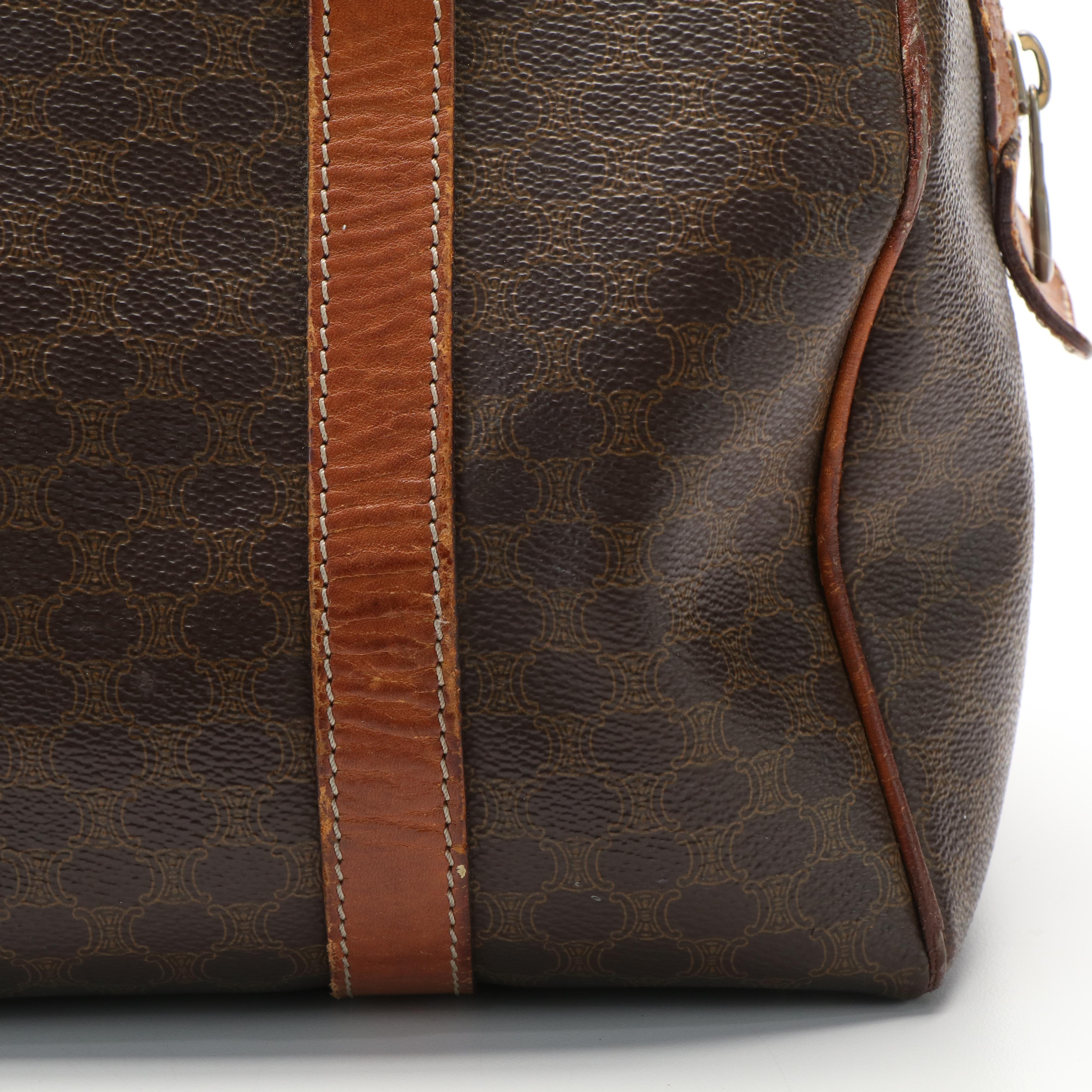 Celine Macadam Blason Boston Bag in Brown Coated Canvas and Leather