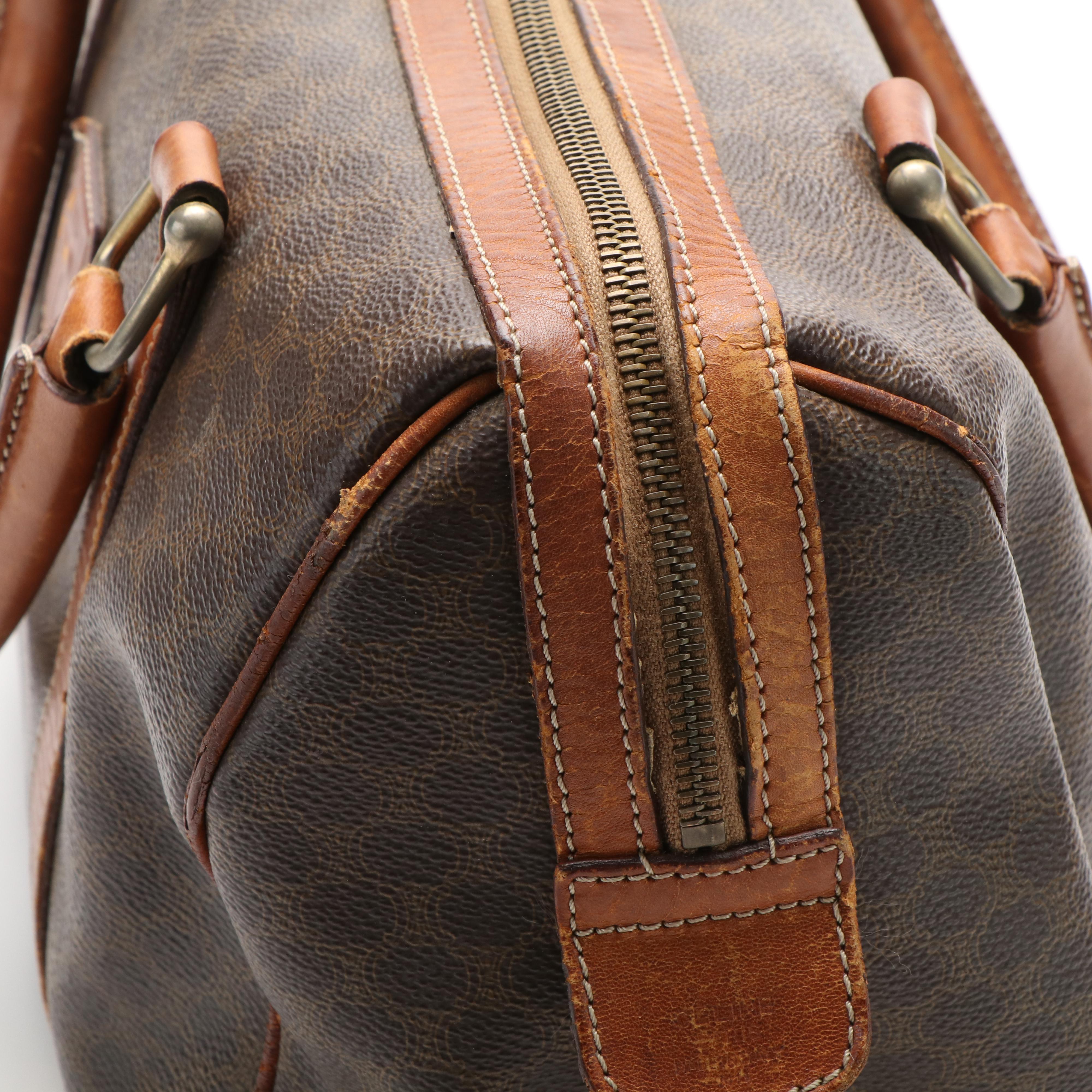 Celine Macadam Blason Boston Bag in Brown Coated Canvas and Leather