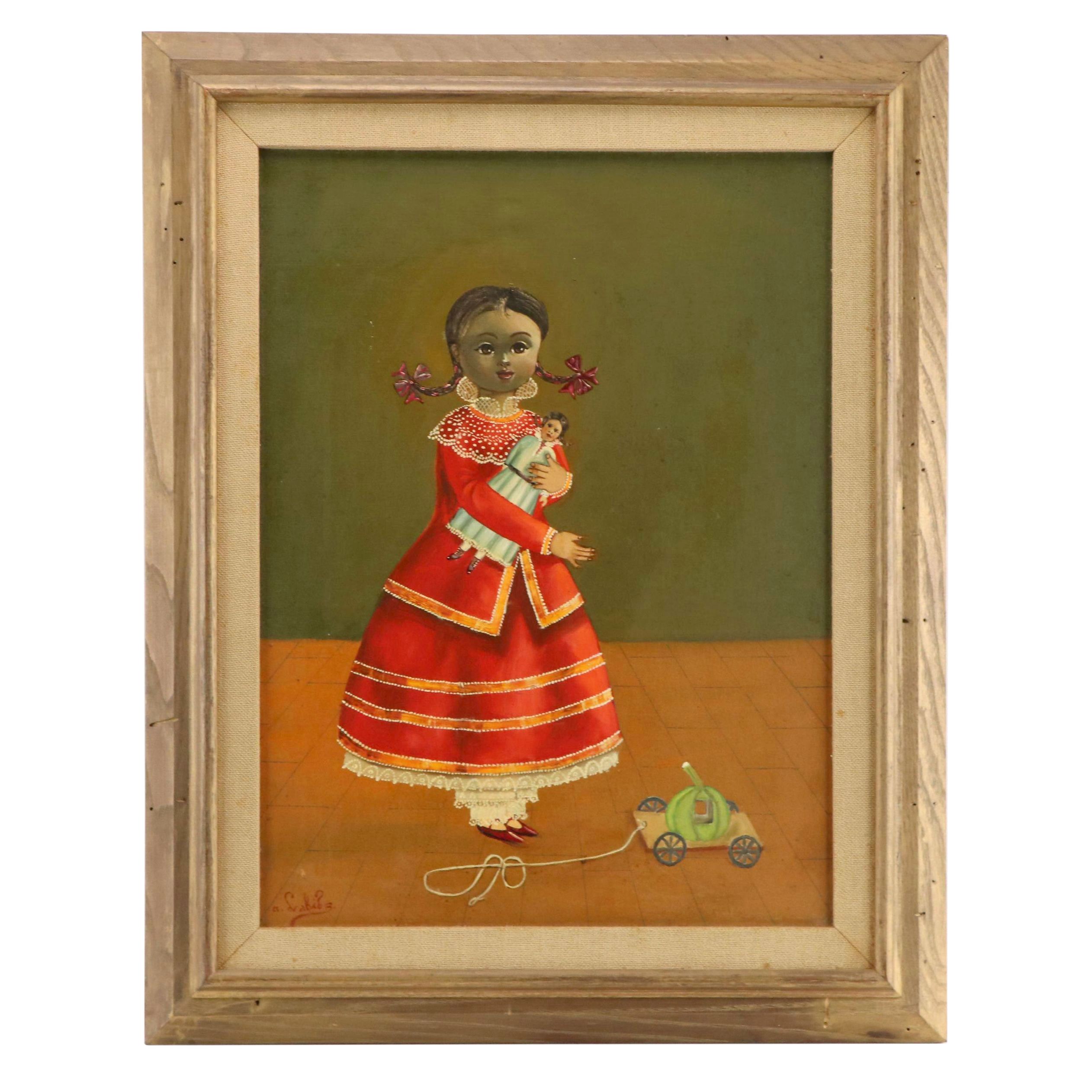 Agapito Labios Folk Oil Portrait of Young Girl, Mid 20th Century