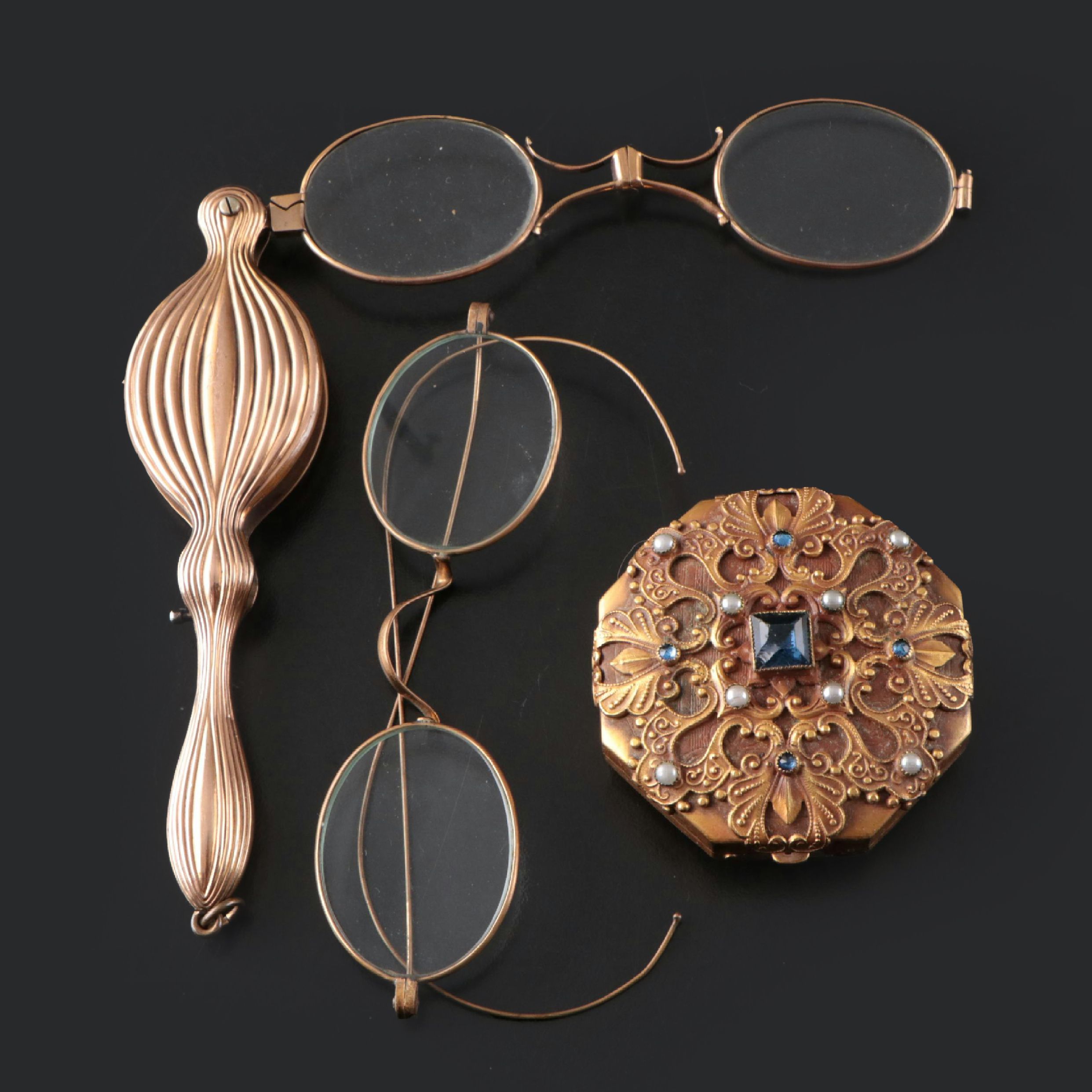 Gilt Metal Collapsible Opera Glasses with Compact and Other Eyeglasses