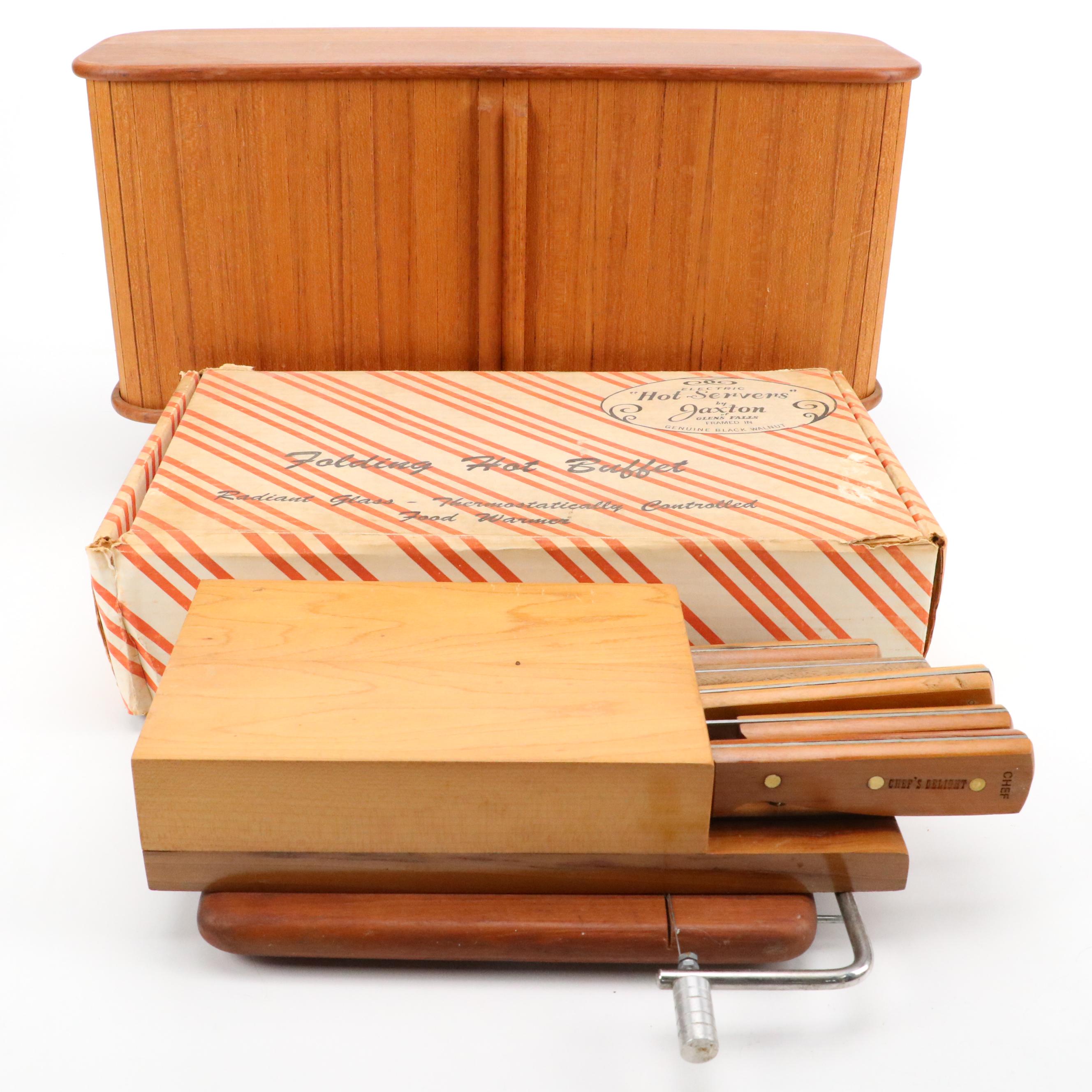 Teak-Tech Wood Bread Cabinet with Jaxton Wood Folding Hot Buffet and More