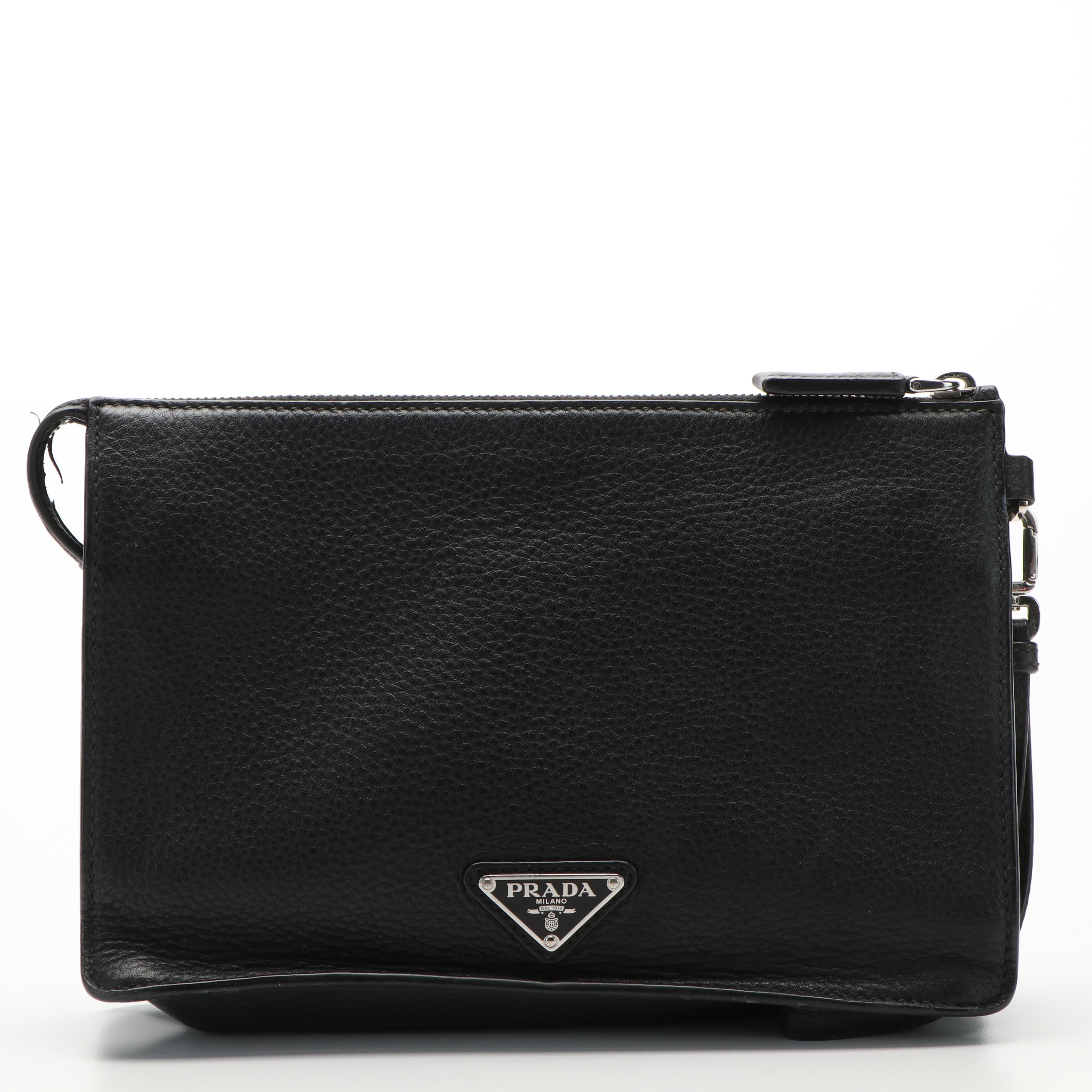 Prada Black Leather Vitello Daino Clutch Bag
