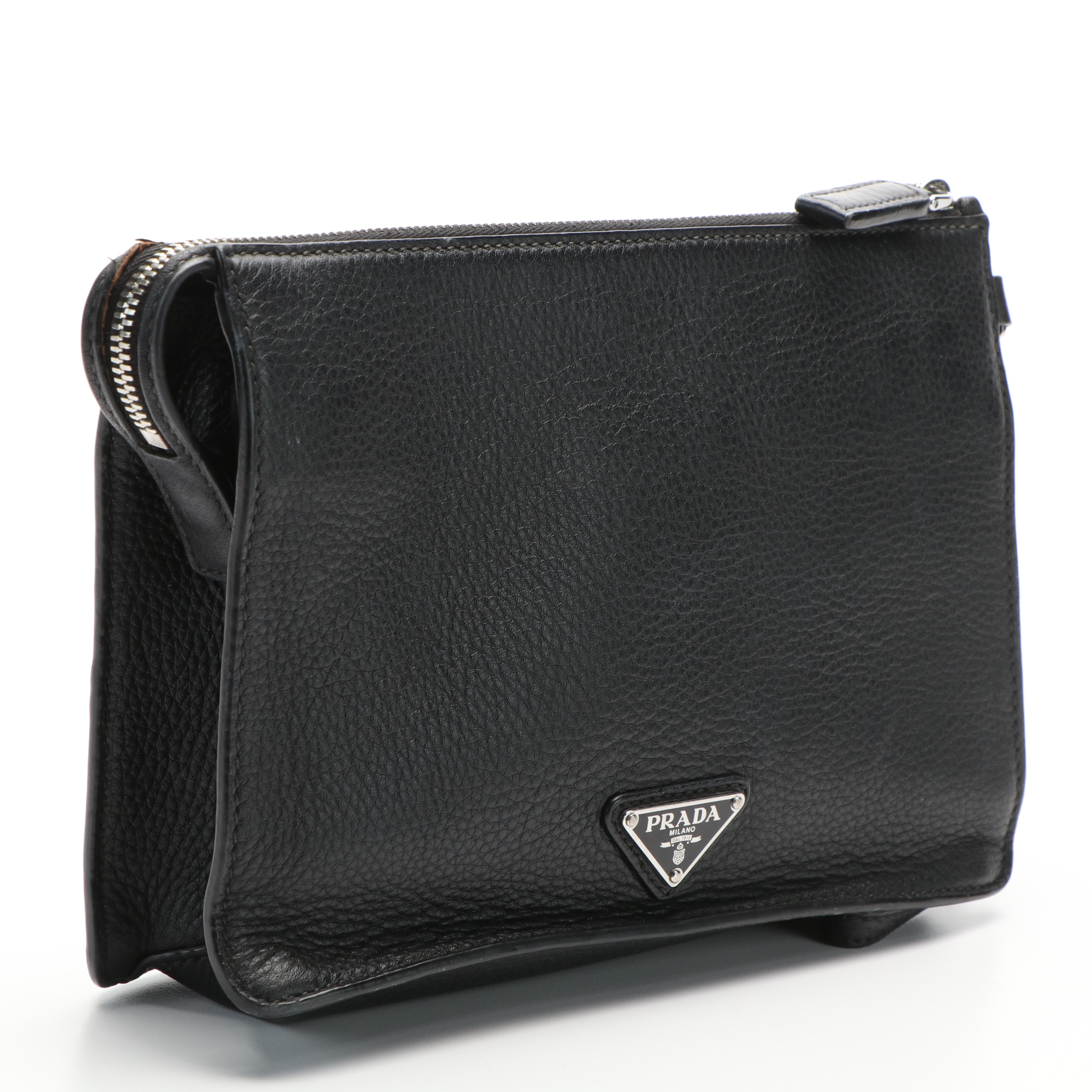 Prada Black Leather Vitello Daino Clutch Bag