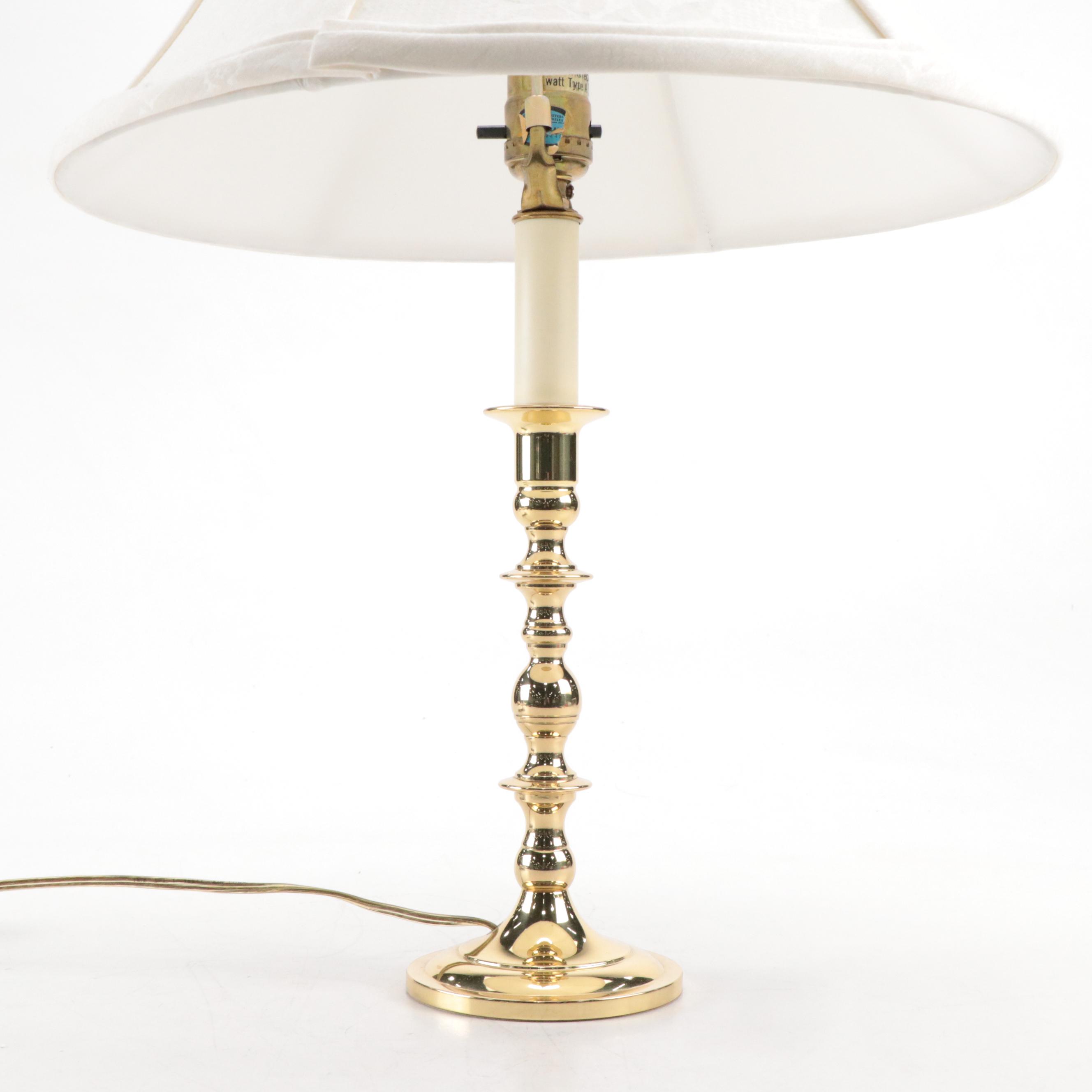Candlestick Style Baldwin Brass Table Lamp with Angel Finial and Fabric Shade