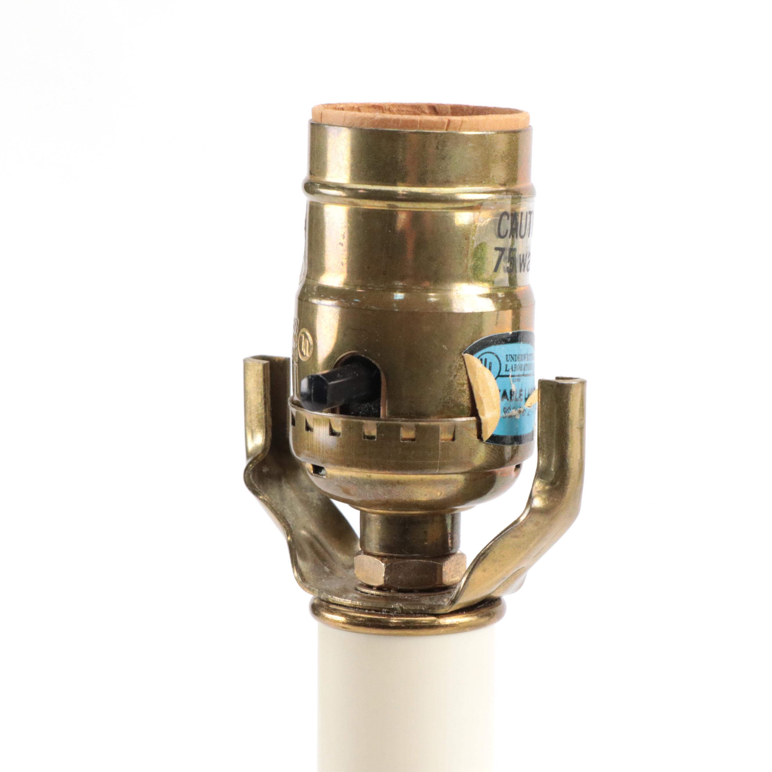 Candlestick Style Baldwin Brass Table Lamp with Angel Finial and Fabric Shade