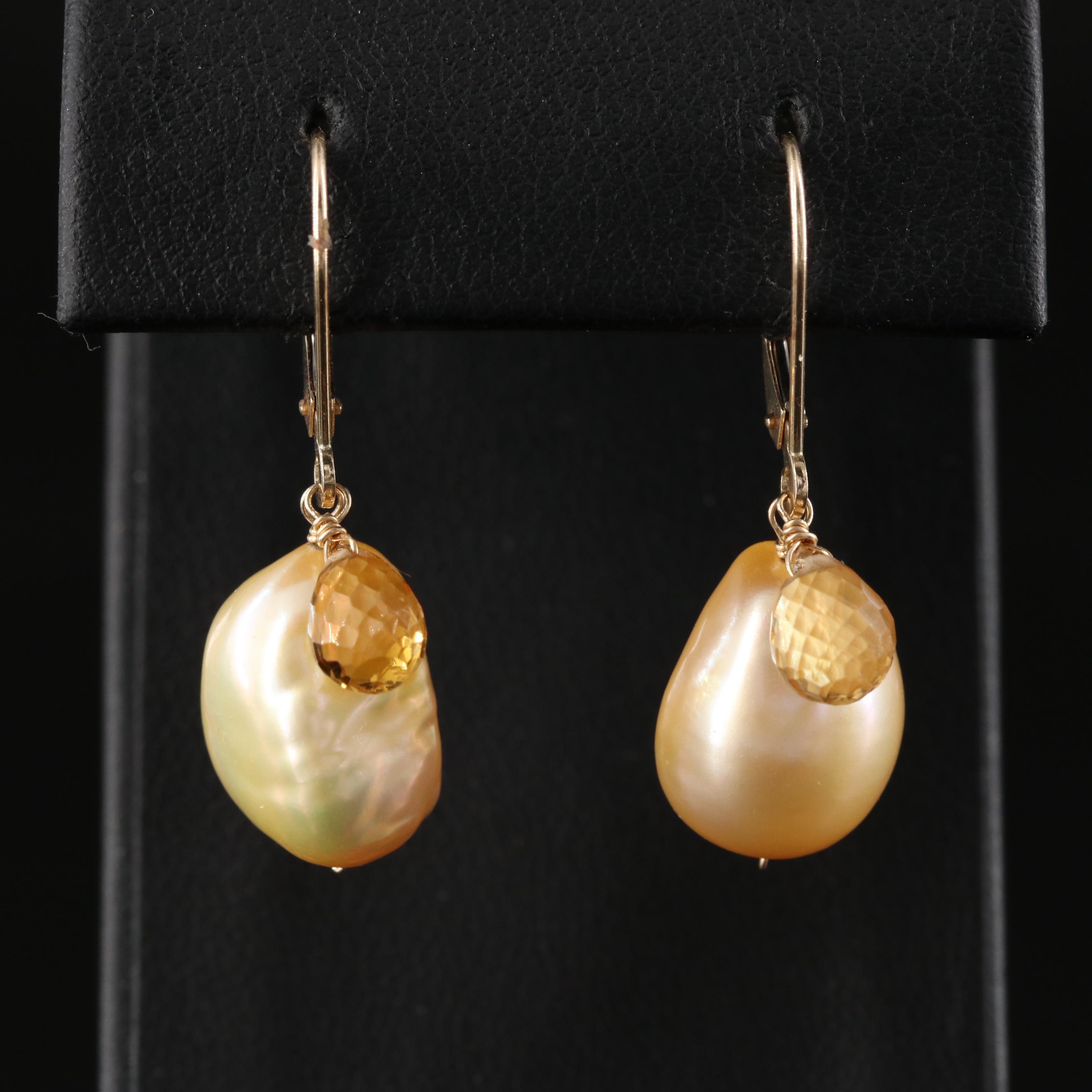 14K Pearl and Citrine Drop Earrings