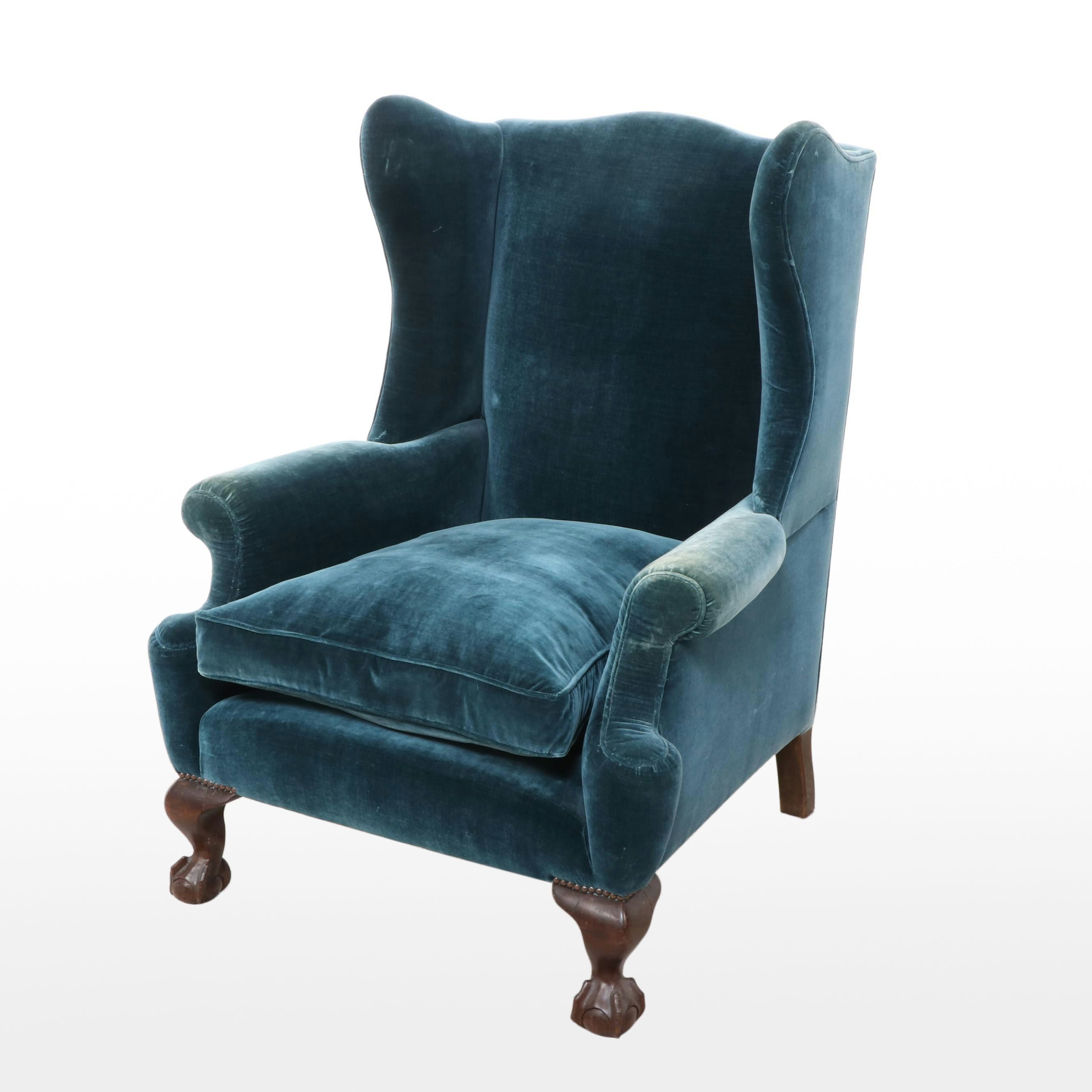 Green Velvet Upholstered Claw Footed Wingback Armchair