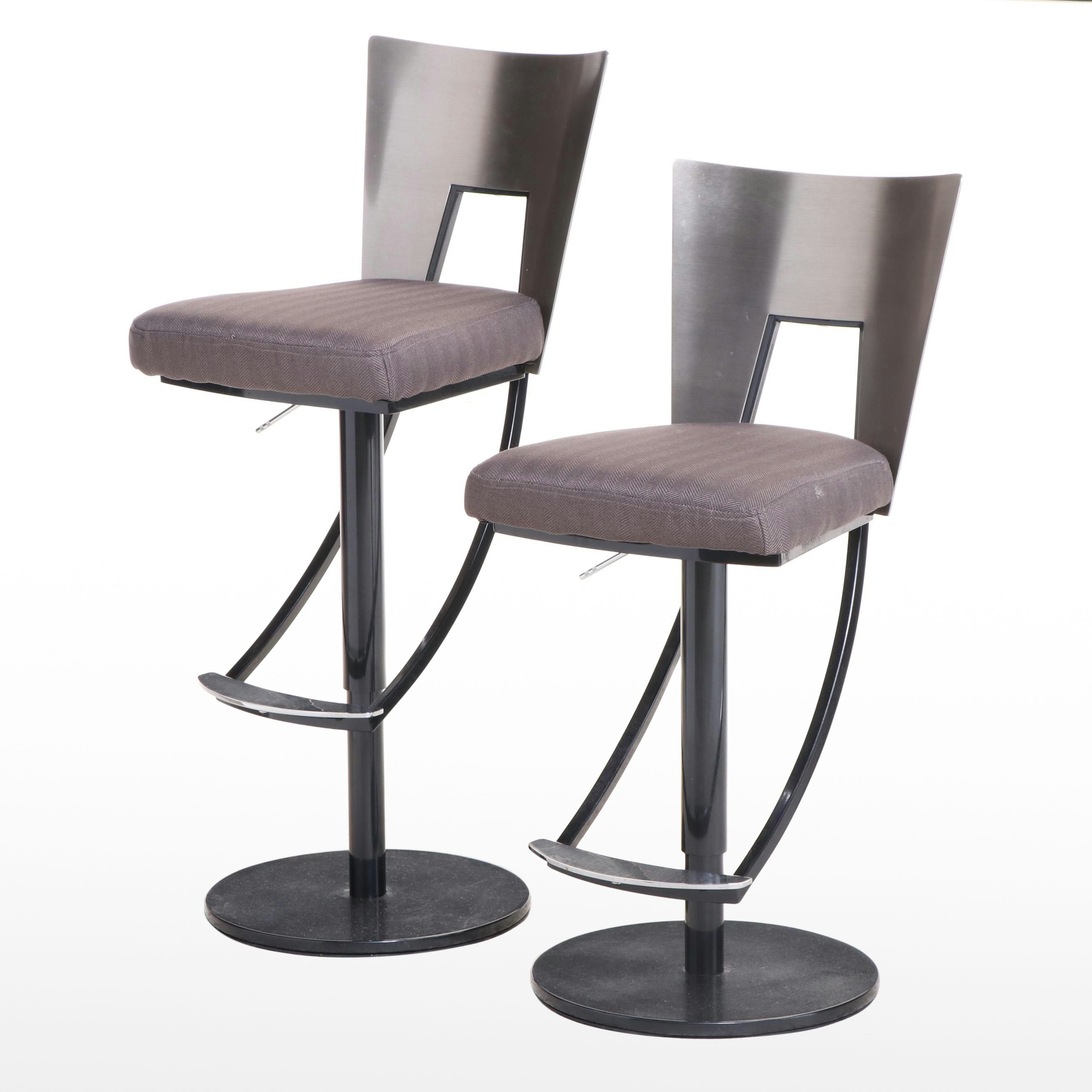 Pair of Brushed and Powder-Coated Metal Adjustable-Height Swivel Bar Stools