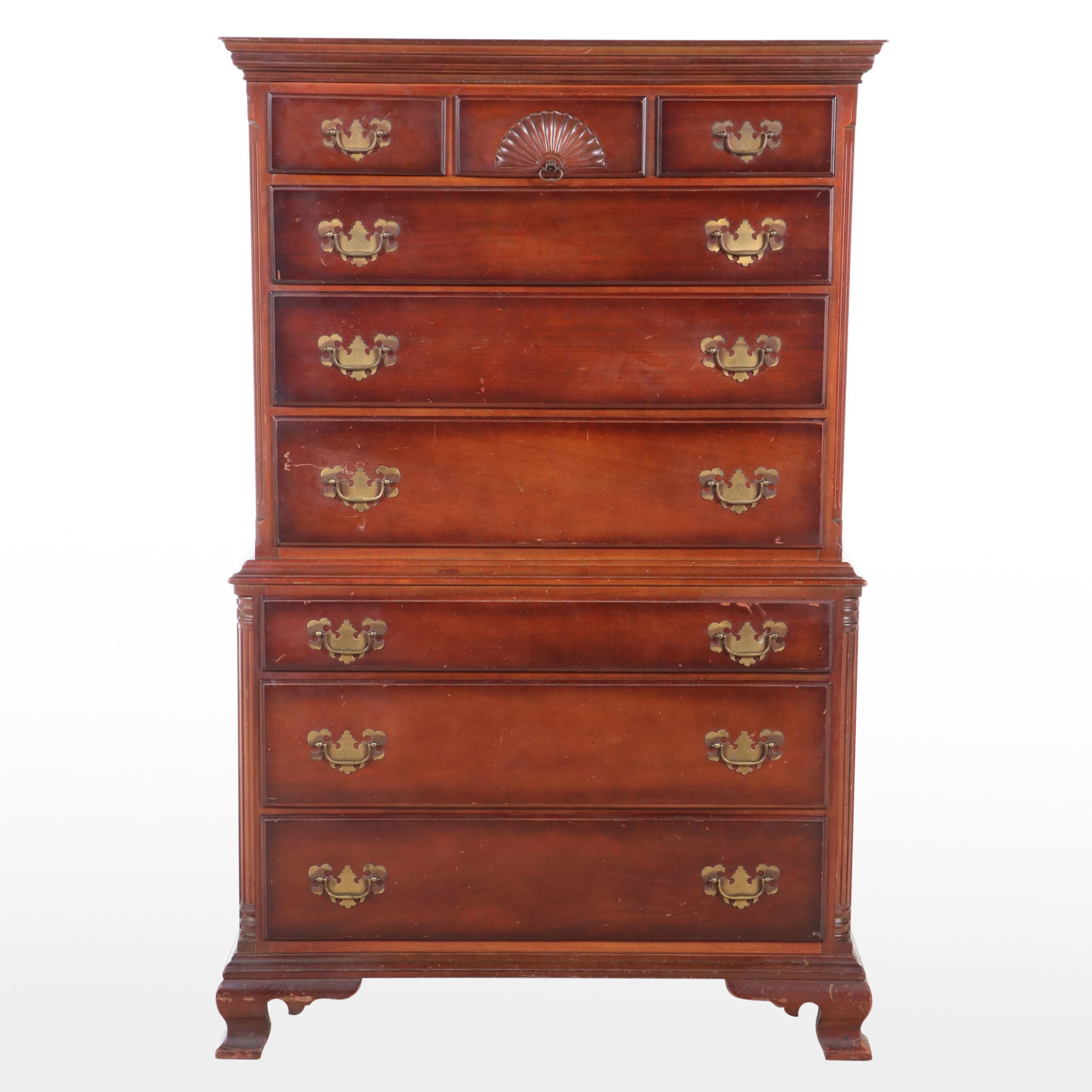 Kling "Alden Manor" Chippendale Style Mahogany Nine-Drawer Chest-on-Chest