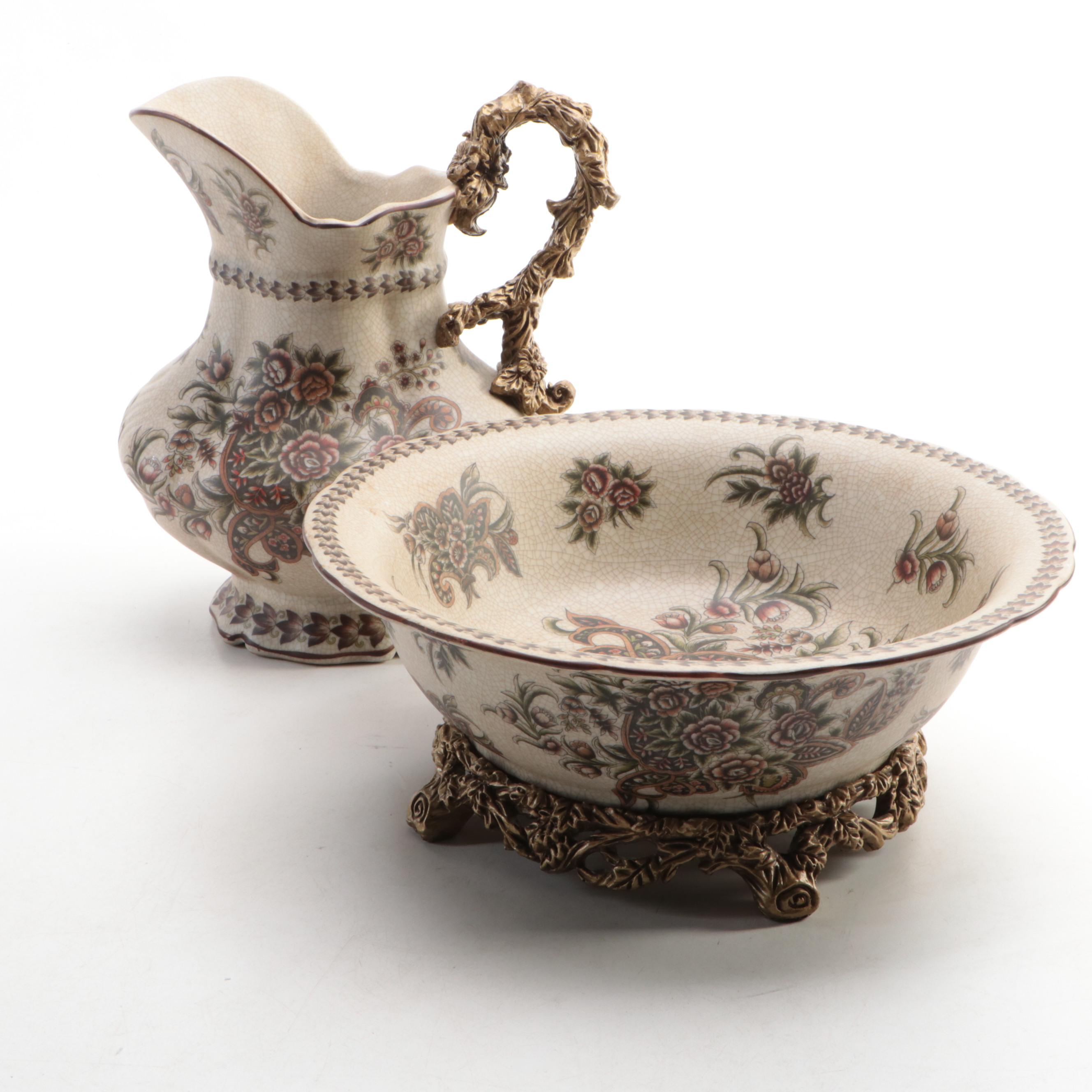 Chinese Crackle Glaze Floral Motif Pitcher and Basin, 21st Century