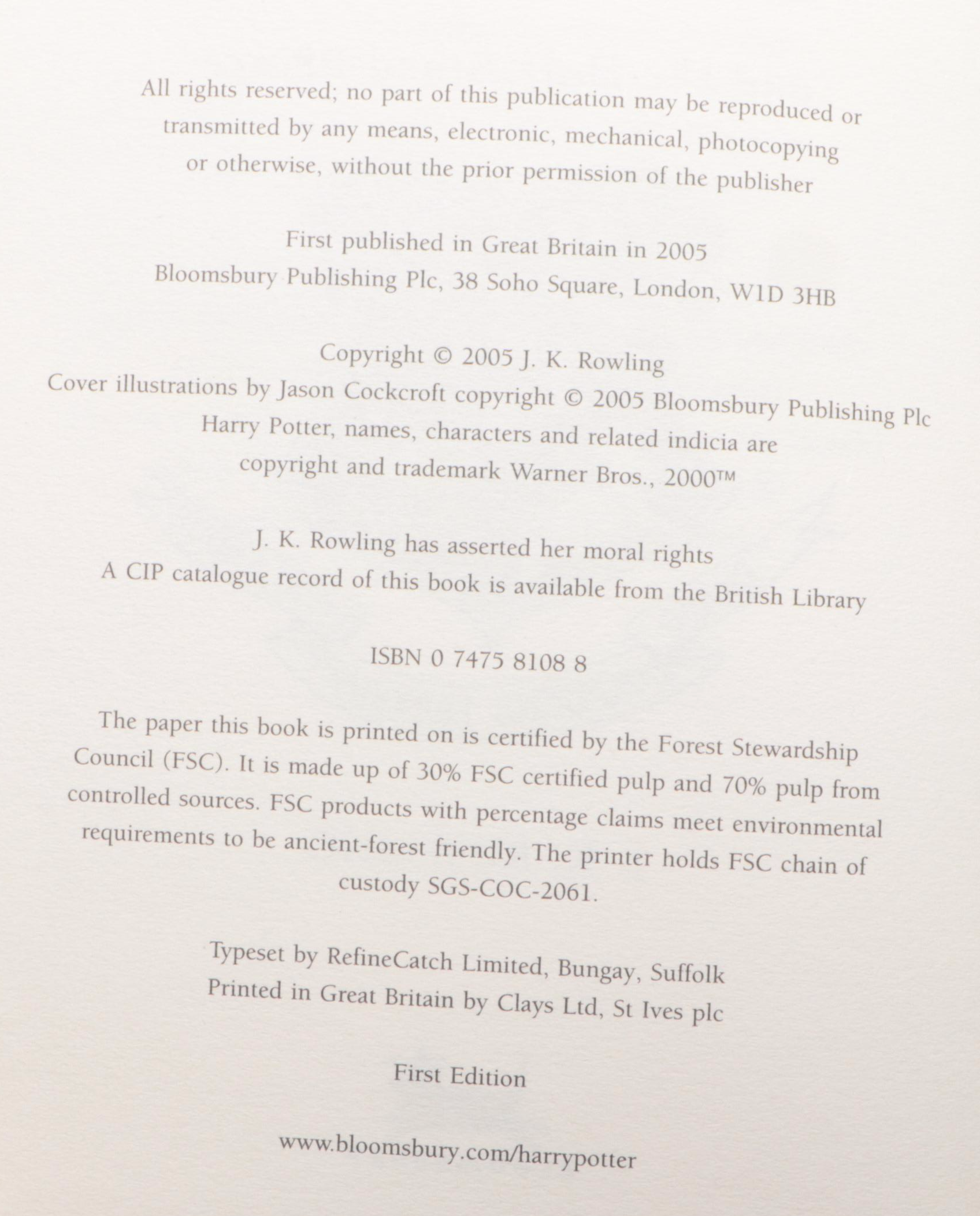 First UK Edition "Harry Potter and the Half-Blood Prince" by J. K. Rowling, 2005