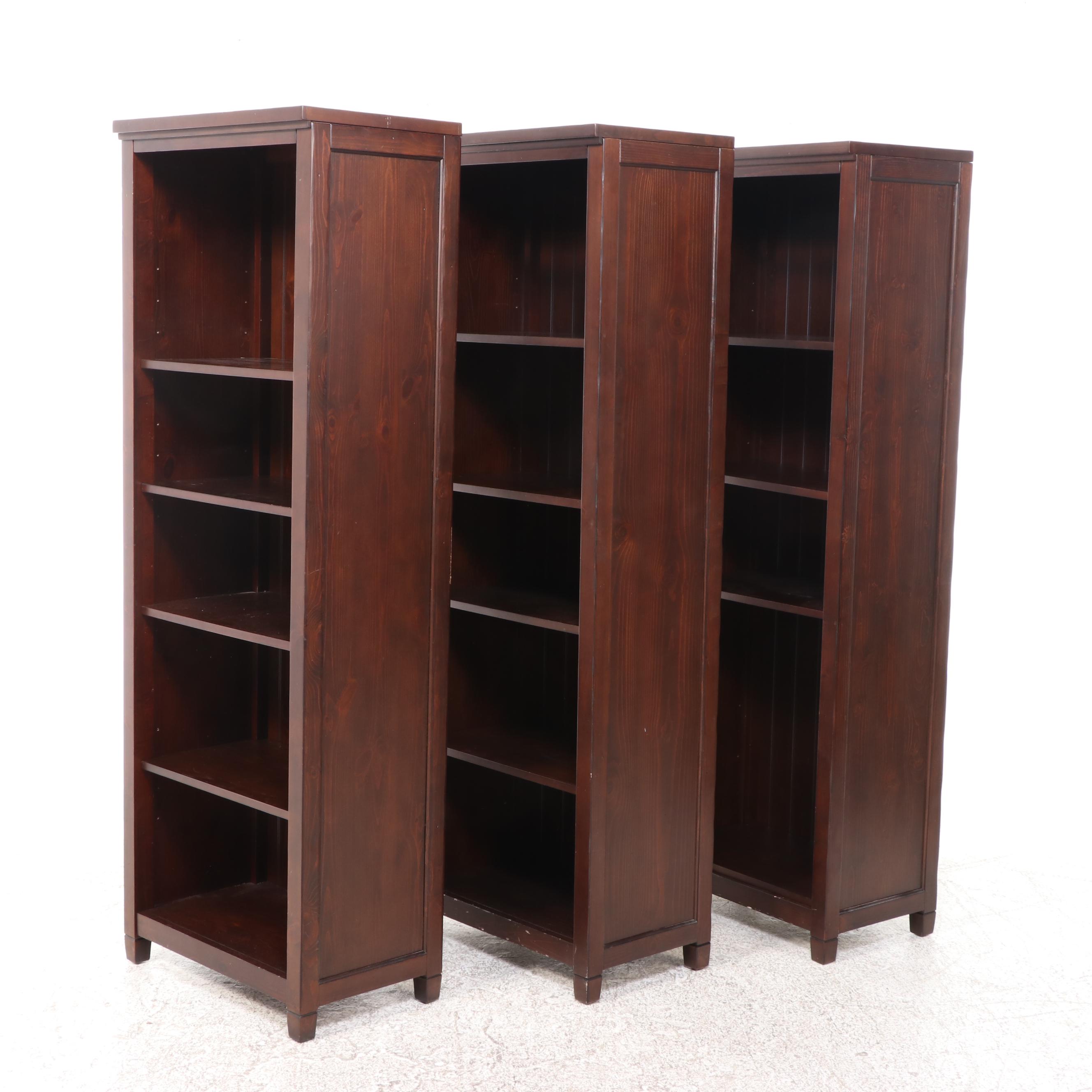 Three Pottery Barn Teen Pine Bookcases in Dark Espresso Finish