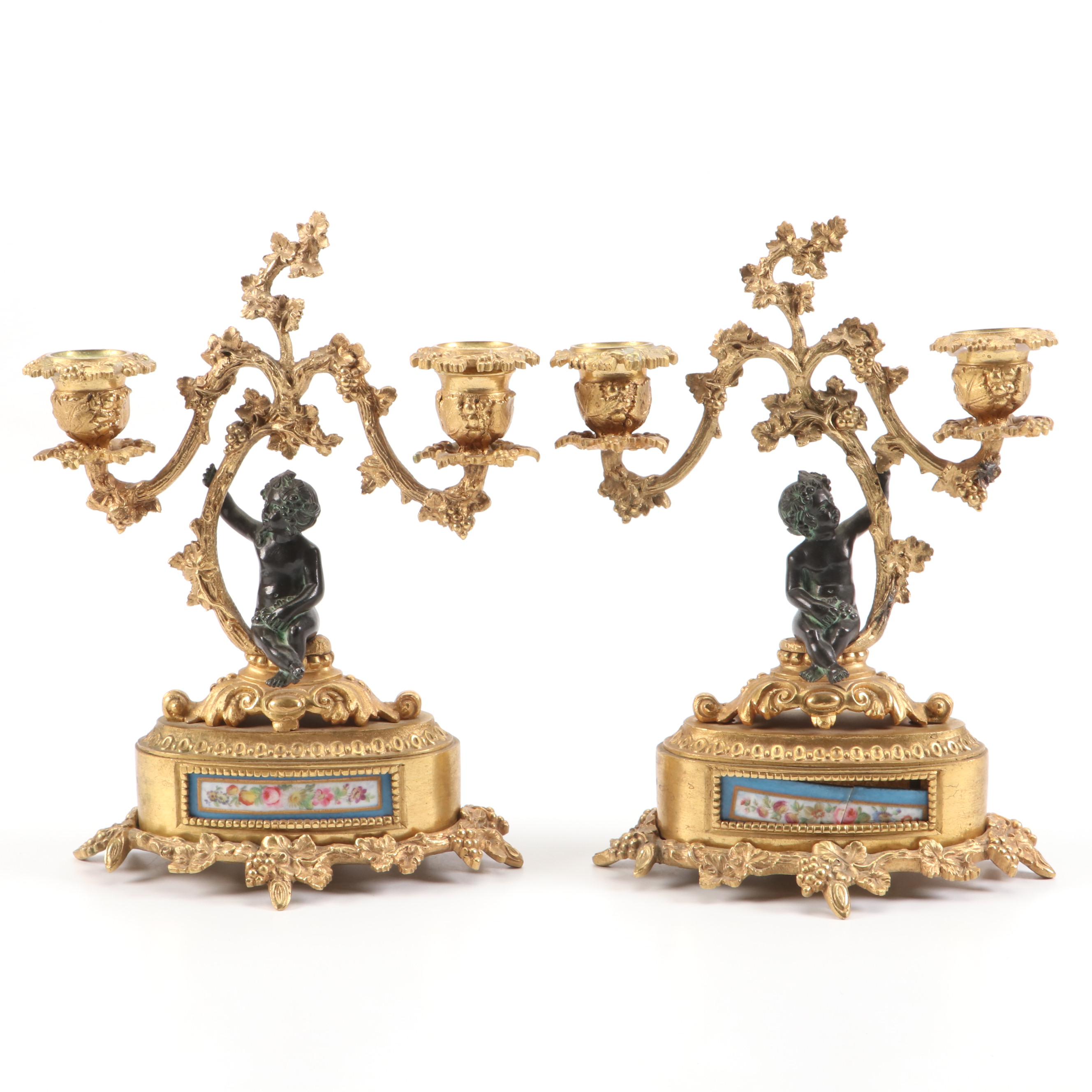 French Sèvres Style Gilt Bronze Candlelabras with Bleu Celeste Porcelain Panels