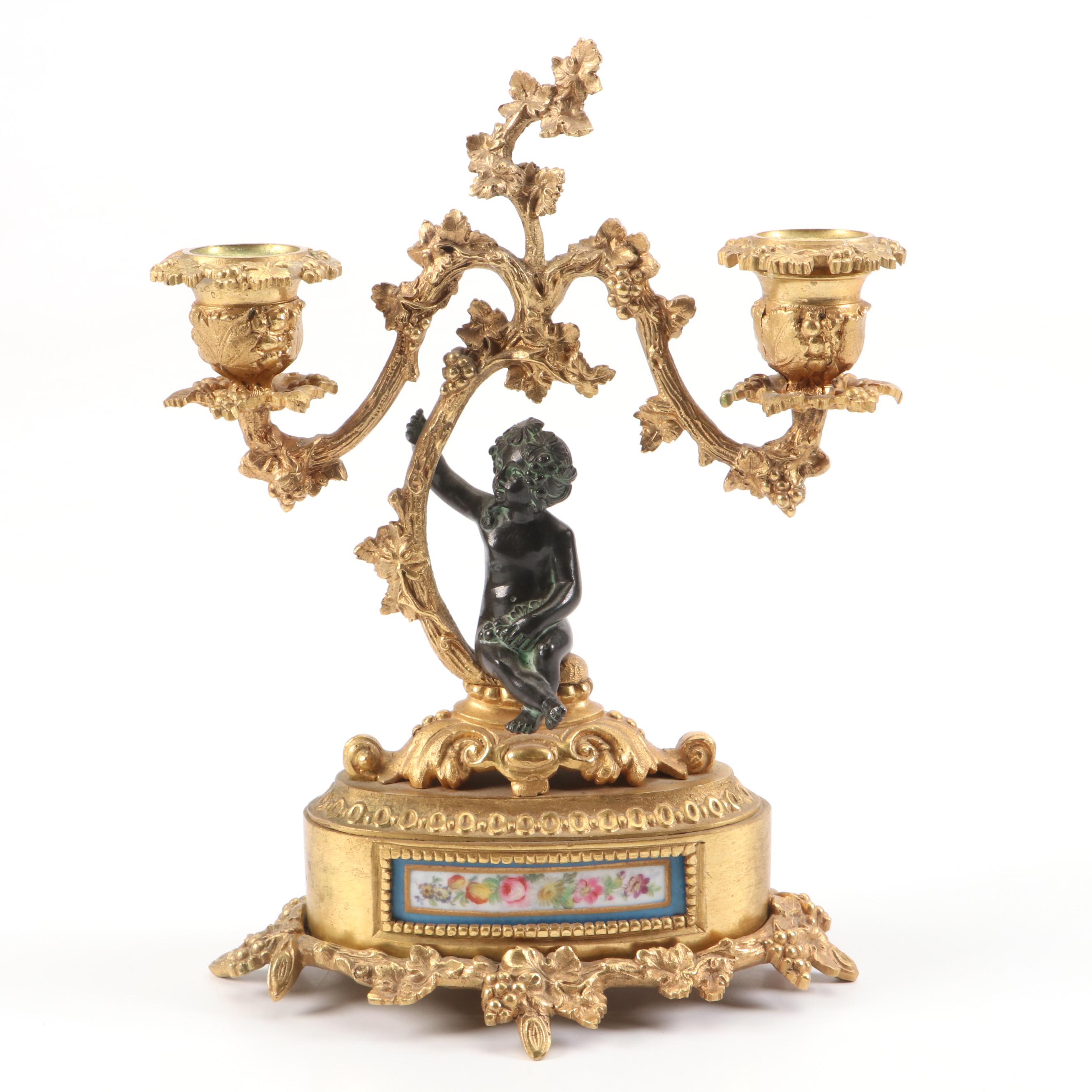 French Sèvres Style Gilt Bronze Candlelabras with Bleu Celeste Porcelain Panels
