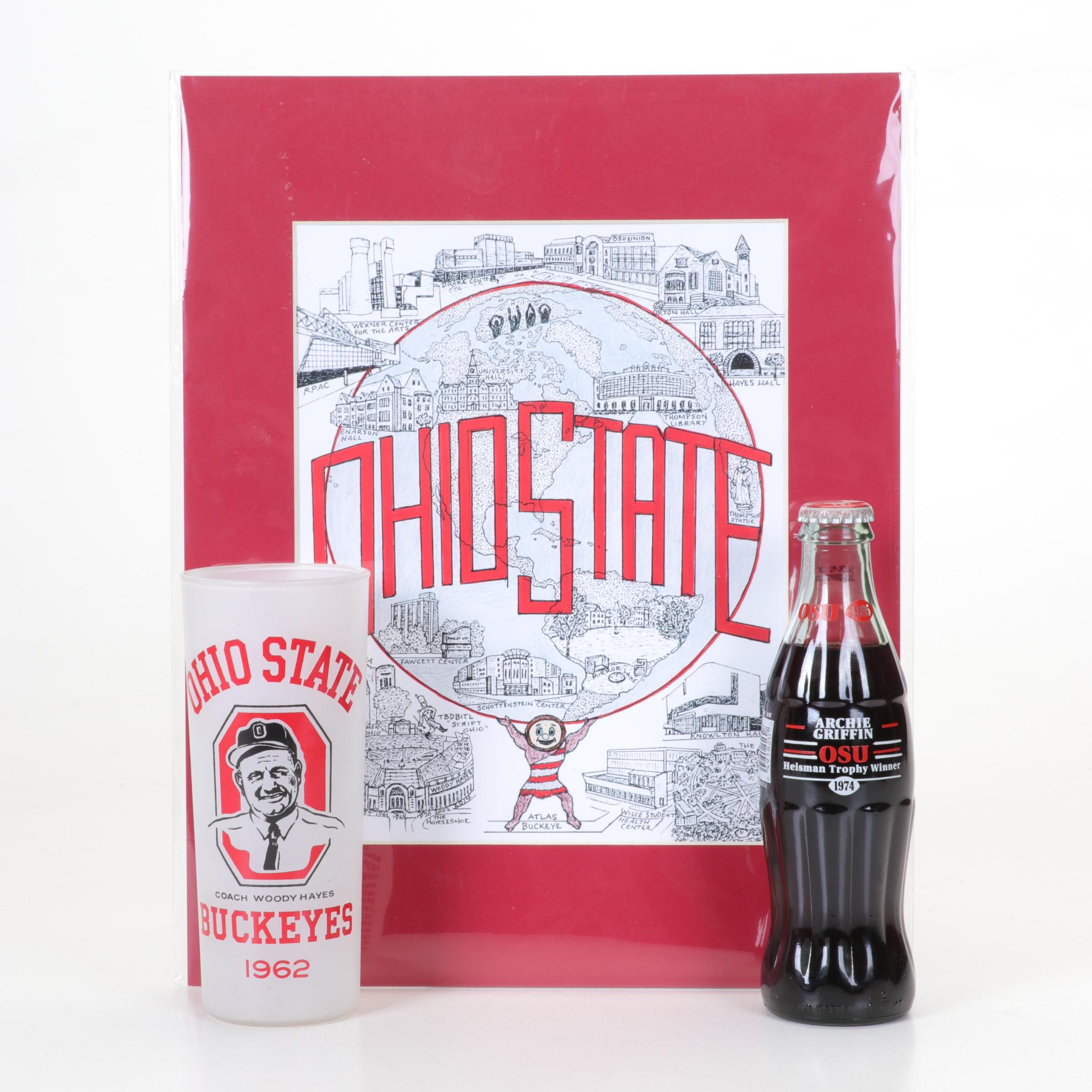 Commemorative Woody Hayes Glass, Archie Griffin Coke & OSU Print