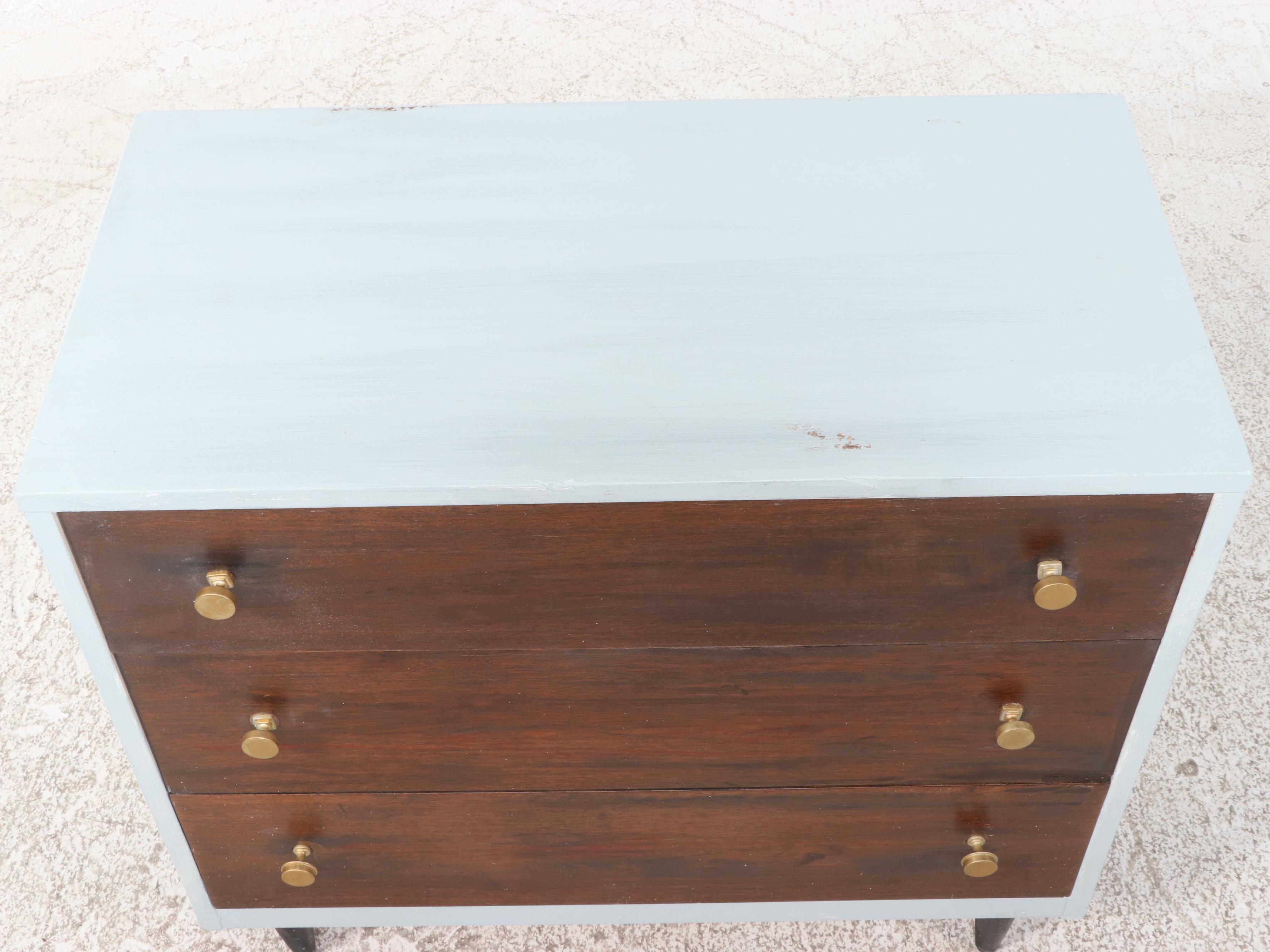 Mid Century Modern Walnut and Parcel-Painted Three-Drawer Chest