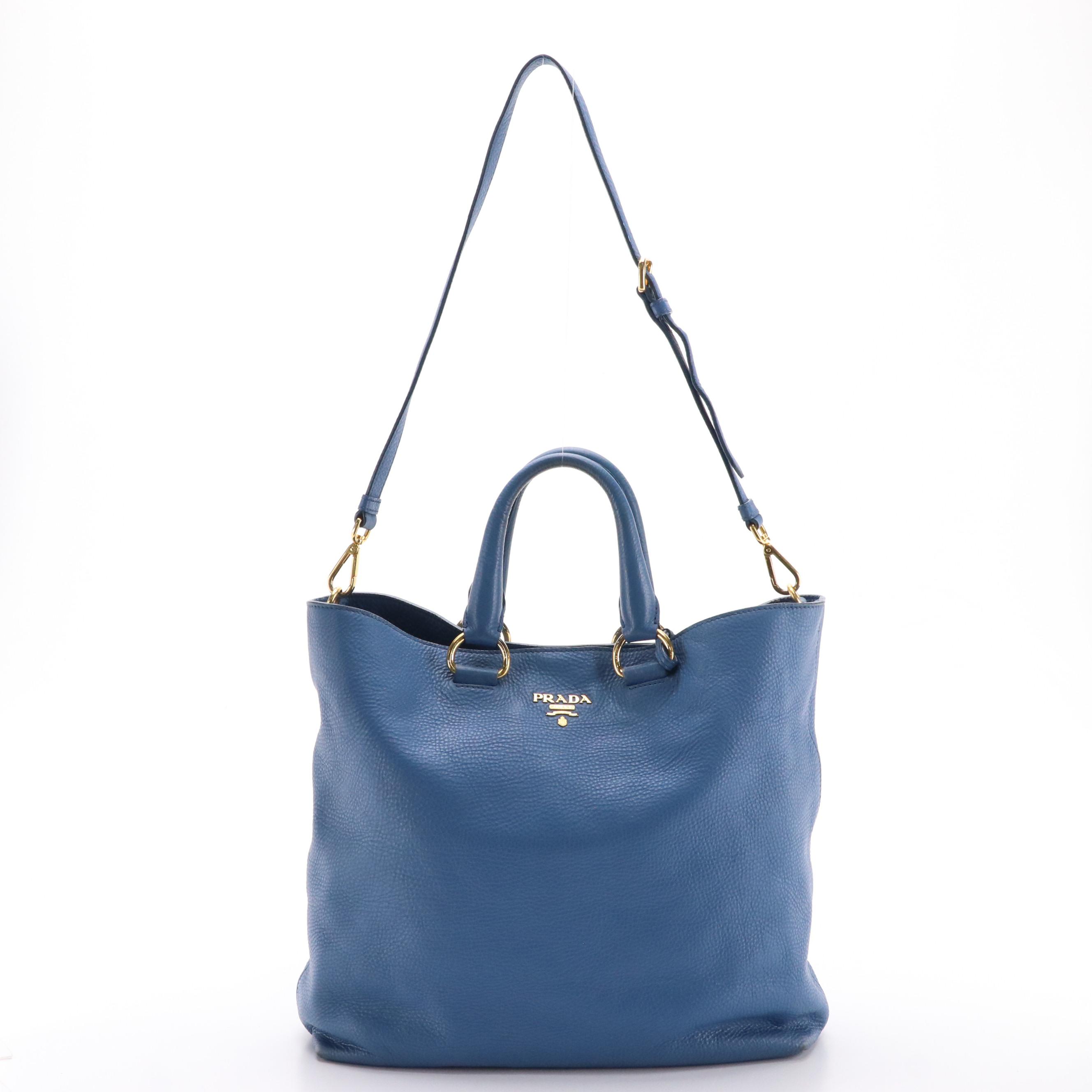 Prada Phenix Two-Way Tote Bag in Blue Vitello Daino Leather