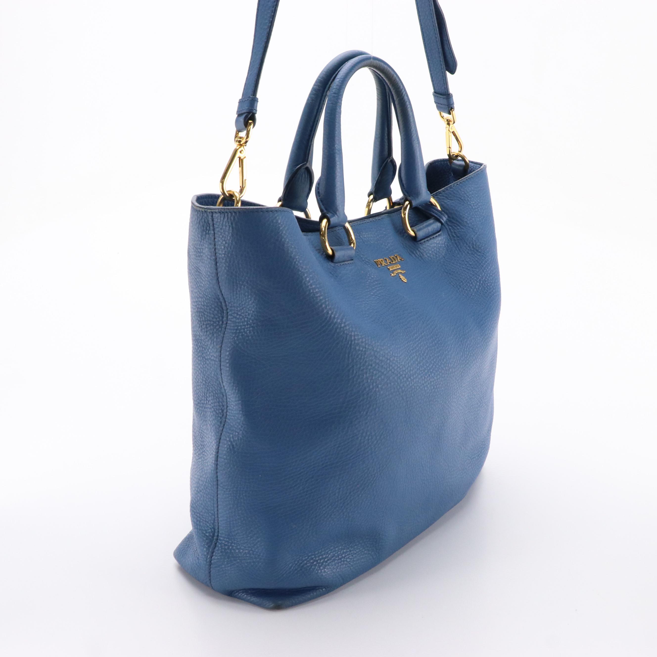 Prada Phenix Two-Way Tote Bag in Blue Vitello Daino Leather