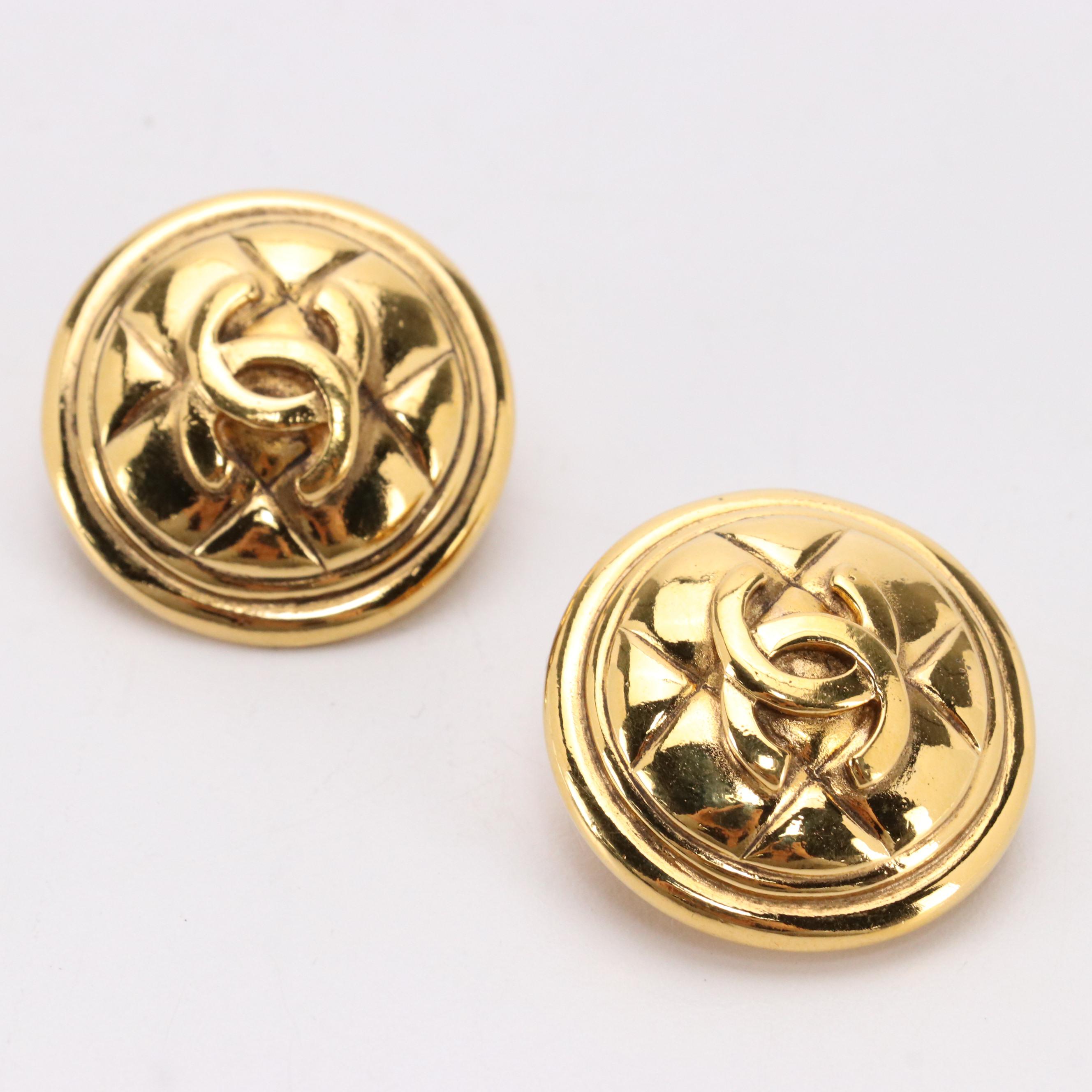 Chanel CC Gold Tone Metal Clip-On Earrings with Box, circa 1980