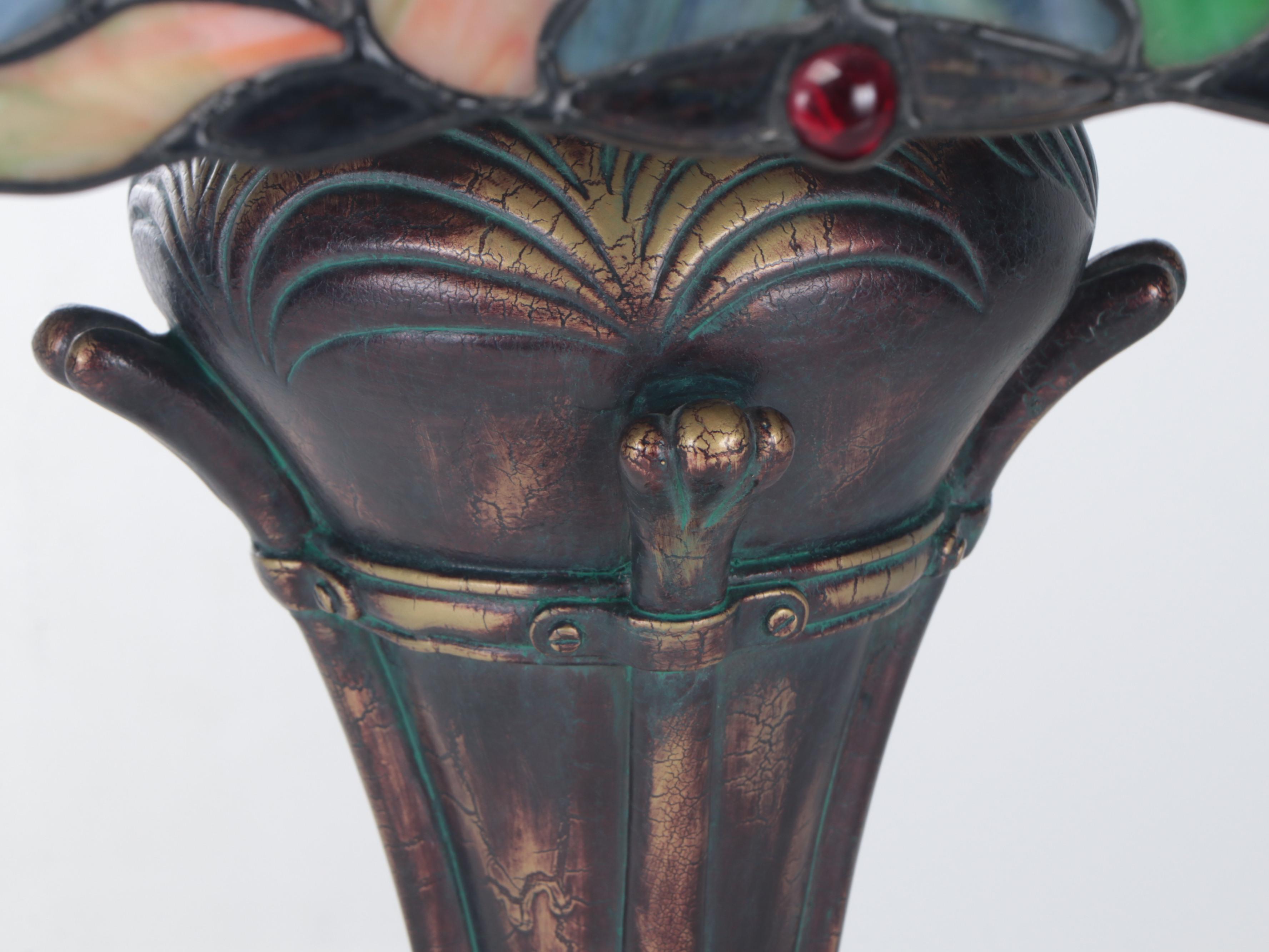 Iridescent Verdigris Finish Resin Table Lamp with Slag Glass Shade, 2006