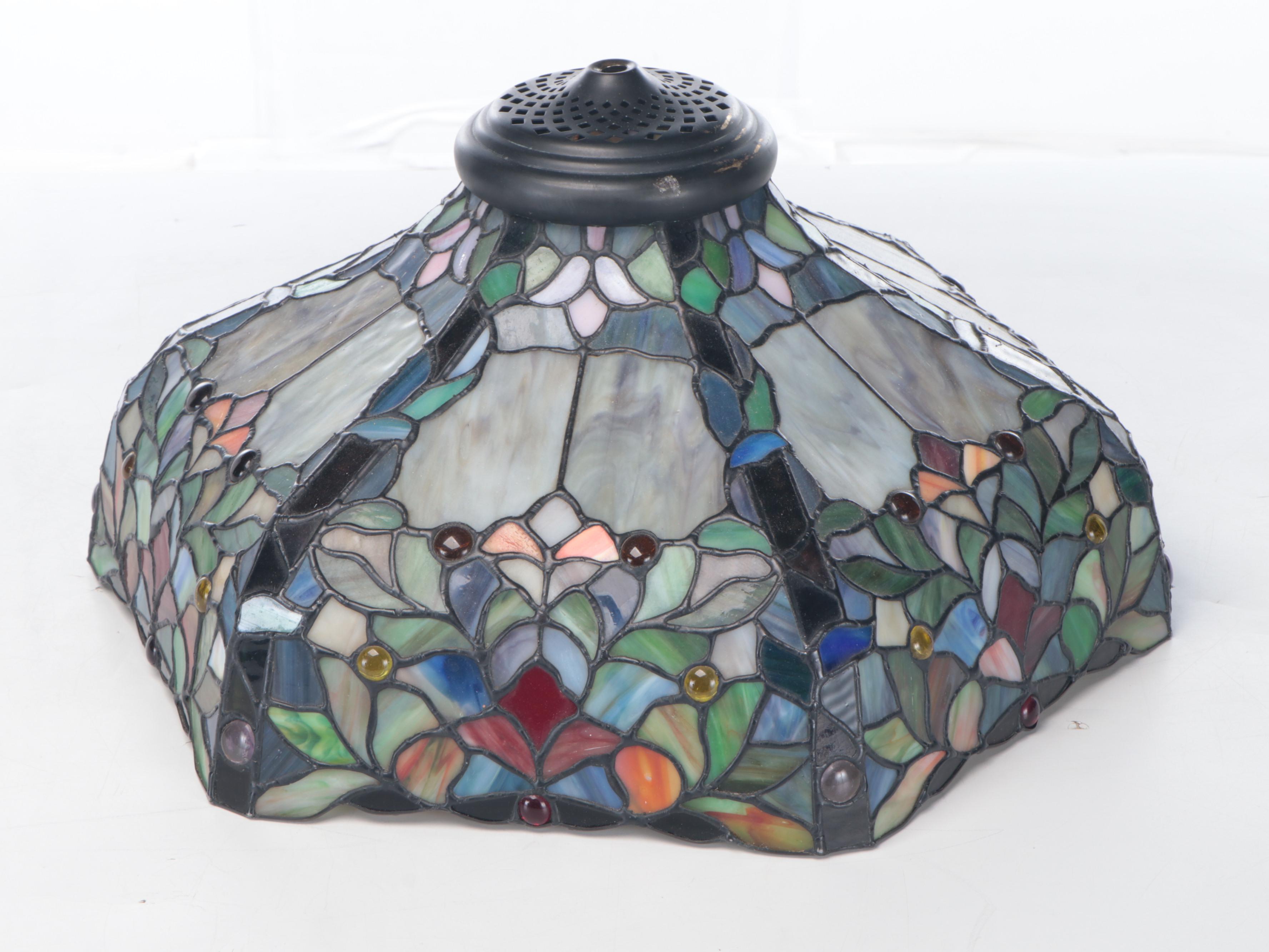 Iridescent Verdigris Finish Resin Table Lamp with Slag Glass Shade, 2006