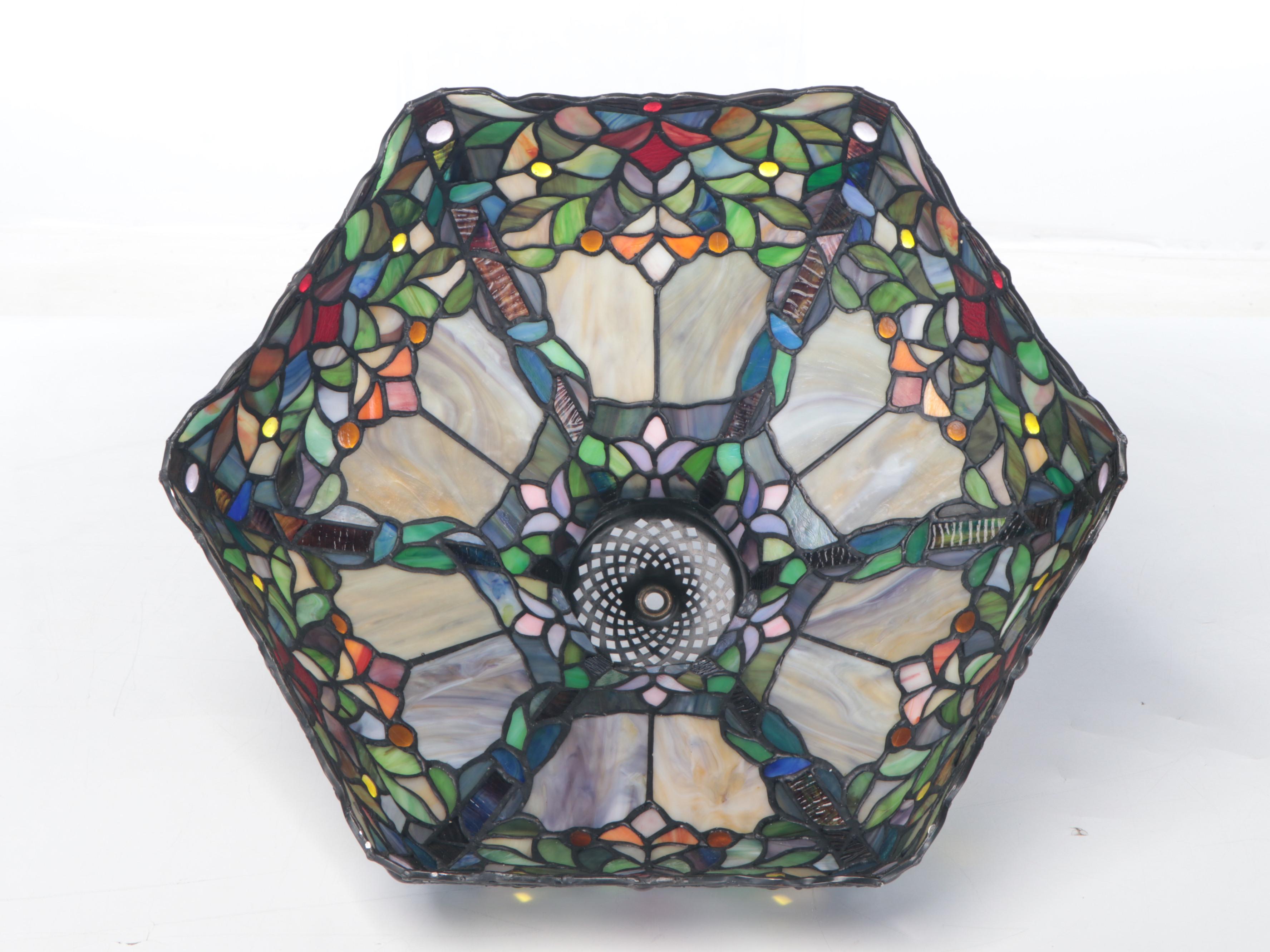 Iridescent Verdigris Finish Resin Table Lamp with Slag Glass Shade, 2006