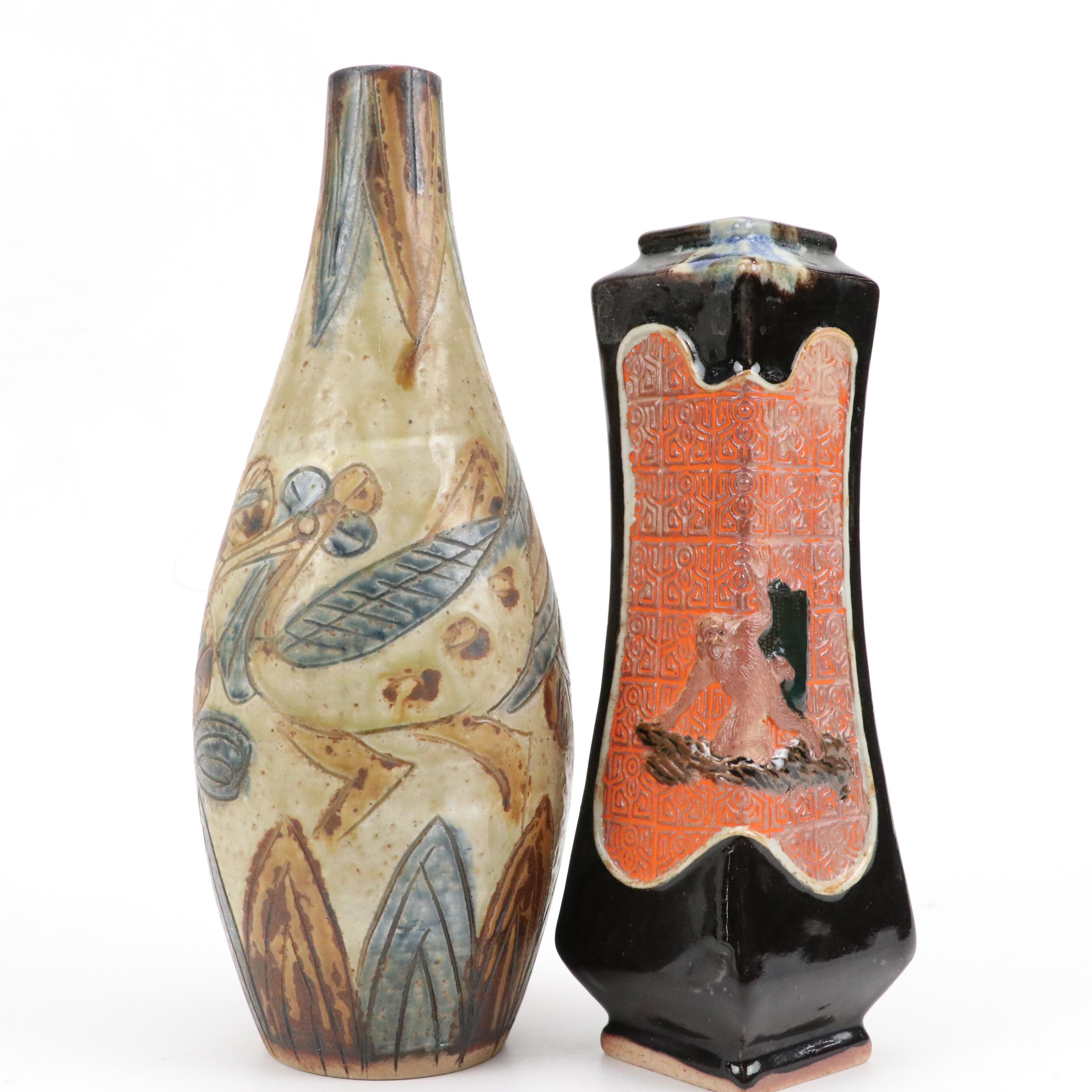 Japanese Hand-Etched Stoneware Vase and Embossed Ceramic Vase with Monkey Motifs