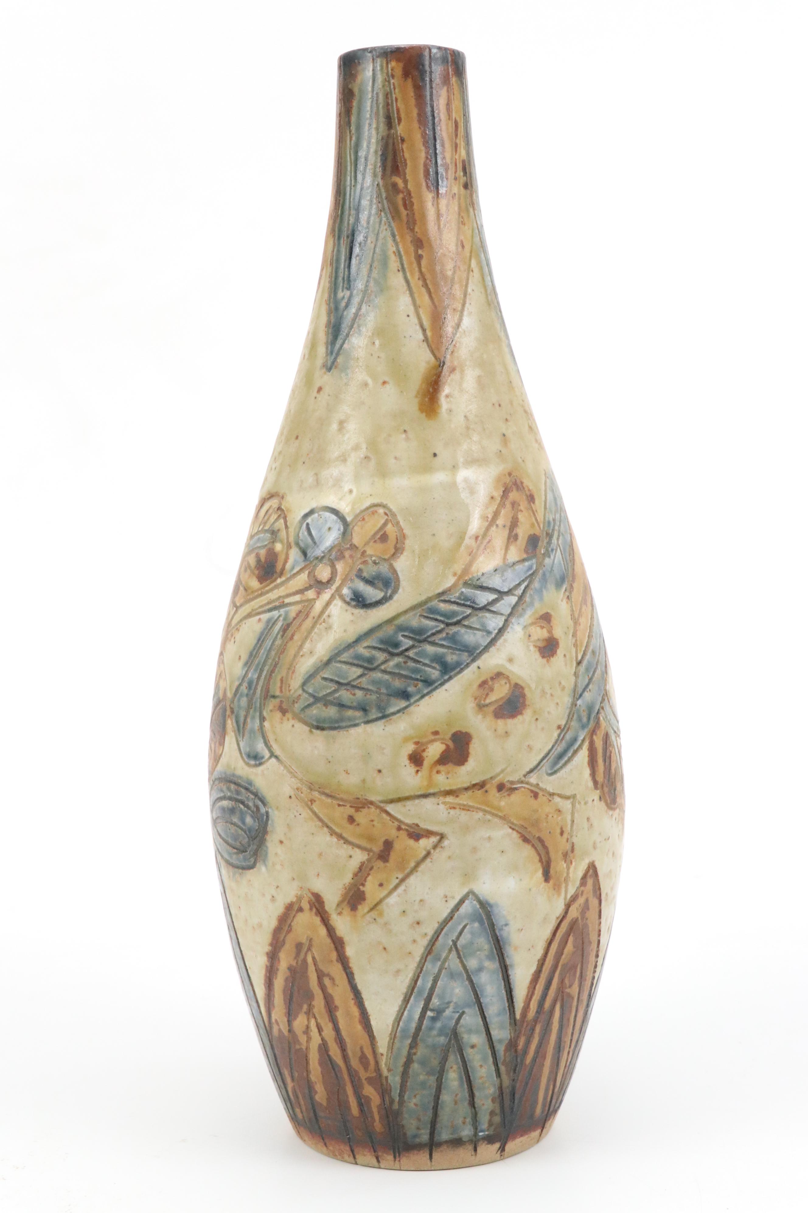 Japanese Hand-Etched Stoneware Vase and Embossed Ceramic Vase with Monkey Motifs