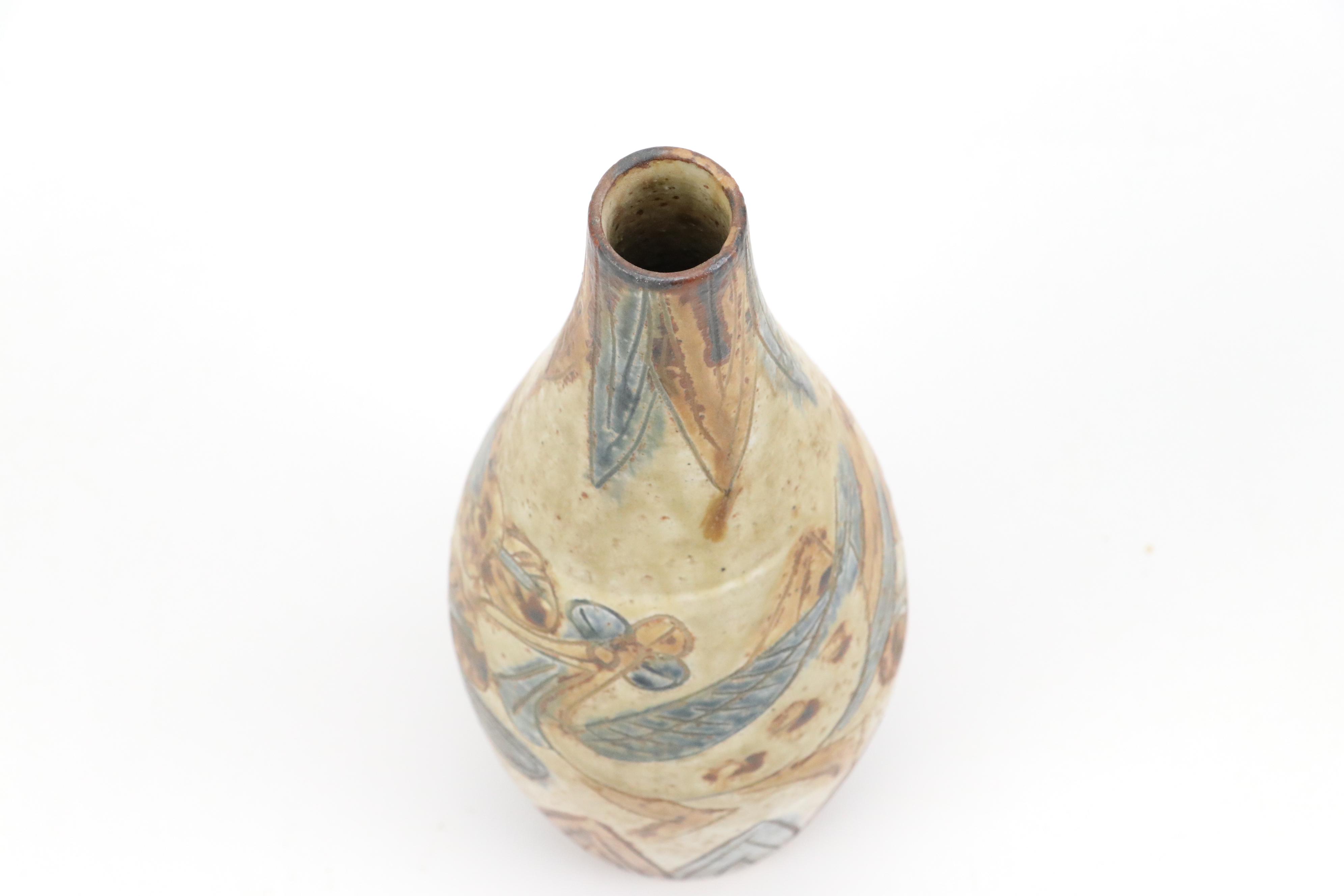 Japanese Hand-Etched Stoneware Vase and Embossed Ceramic Vase with Monkey Motifs