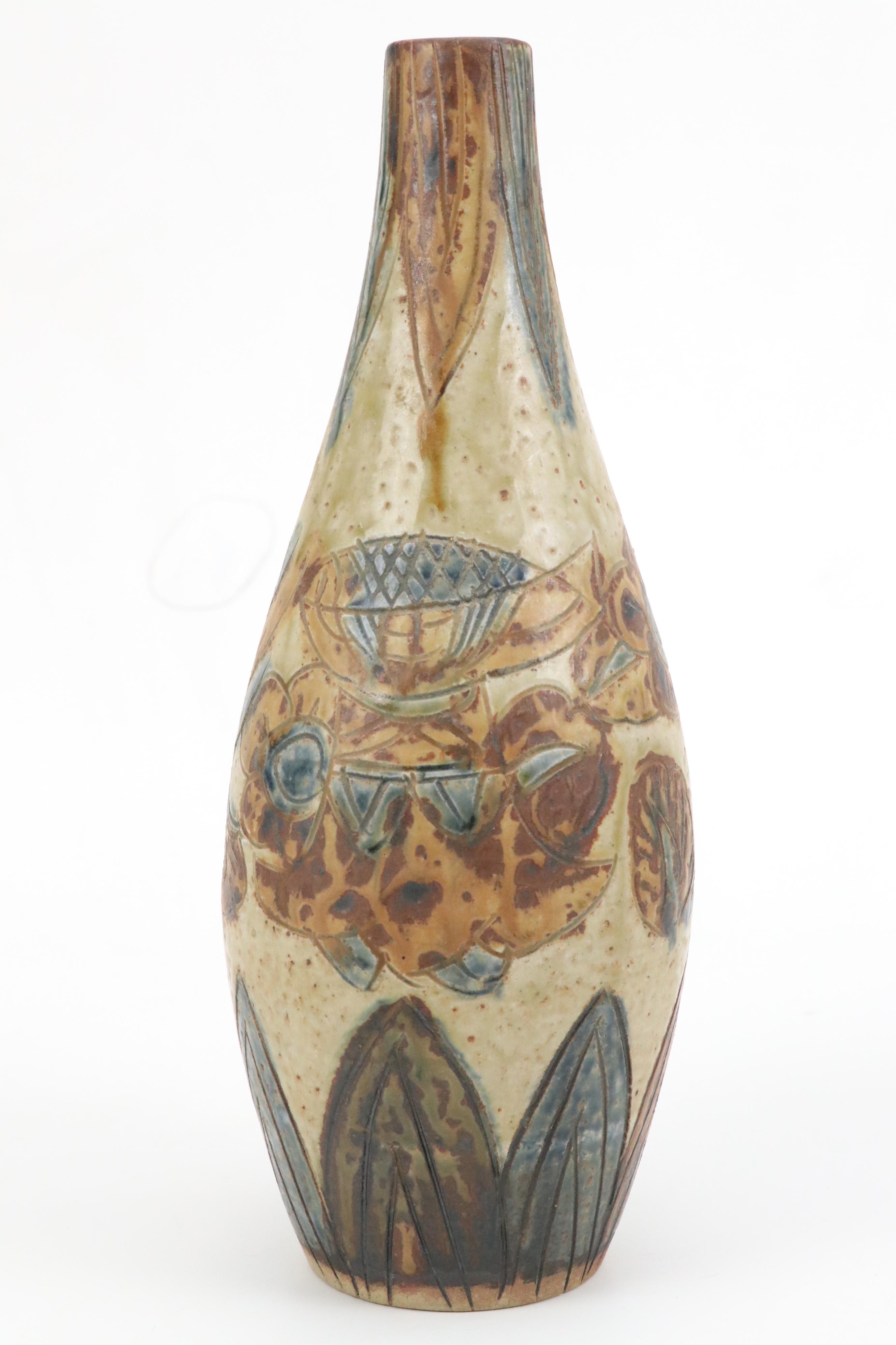 Japanese Hand-Etched Stoneware Vase and Embossed Ceramic Vase with Monkey Motifs