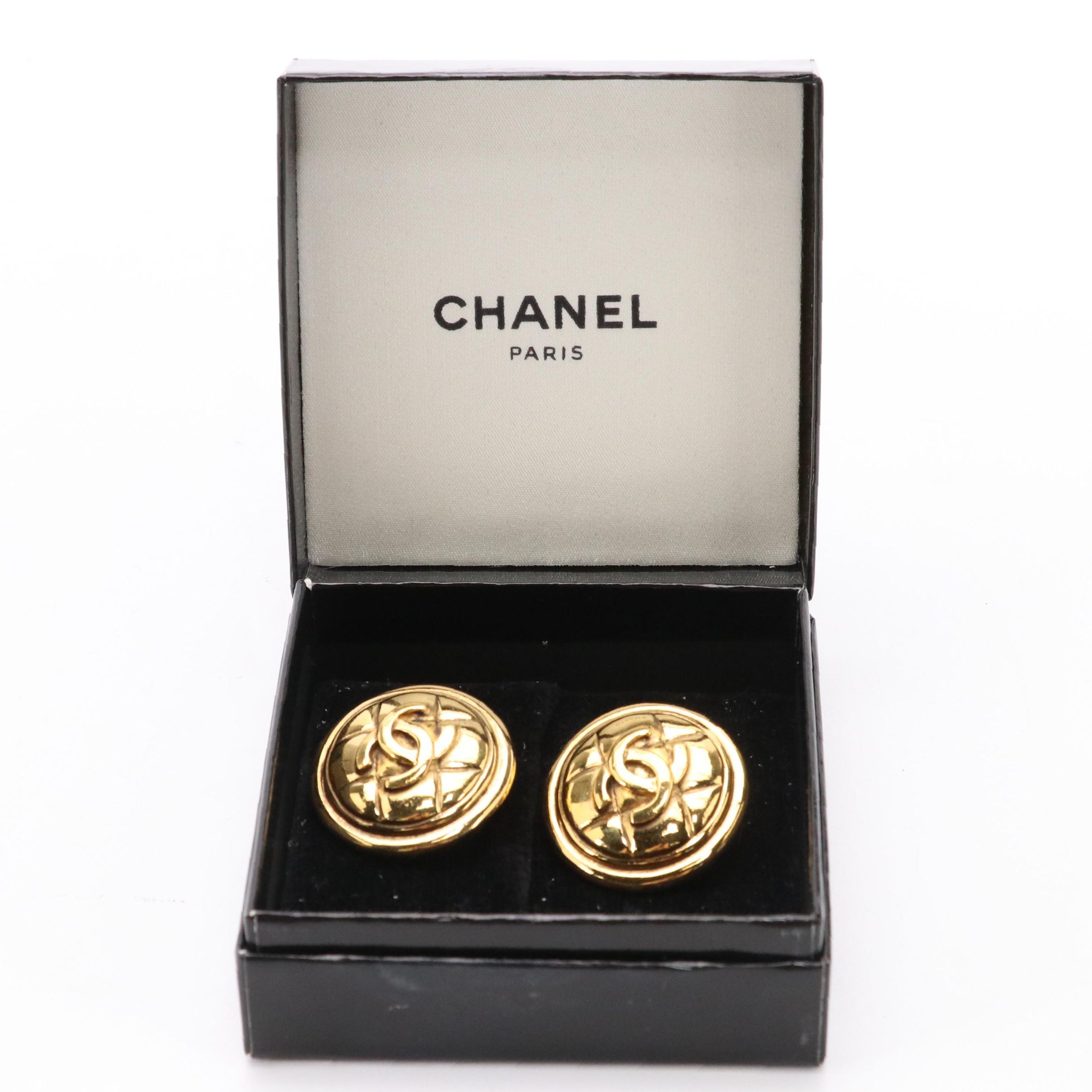 Chanel CC Gold Tone Metal Clip-On Earrings with Box, circa 1980