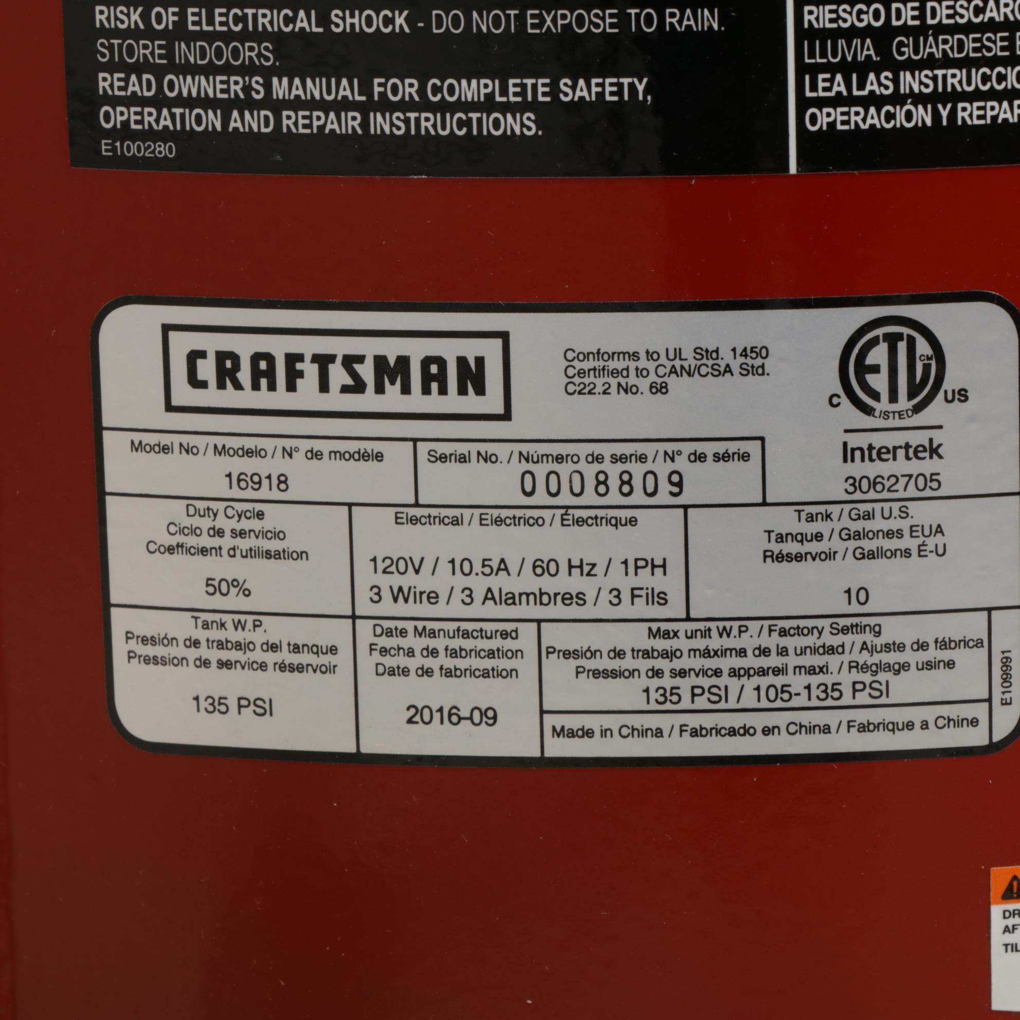 Craftsman 10 Gallon 135 PSI Electric Air Compressor