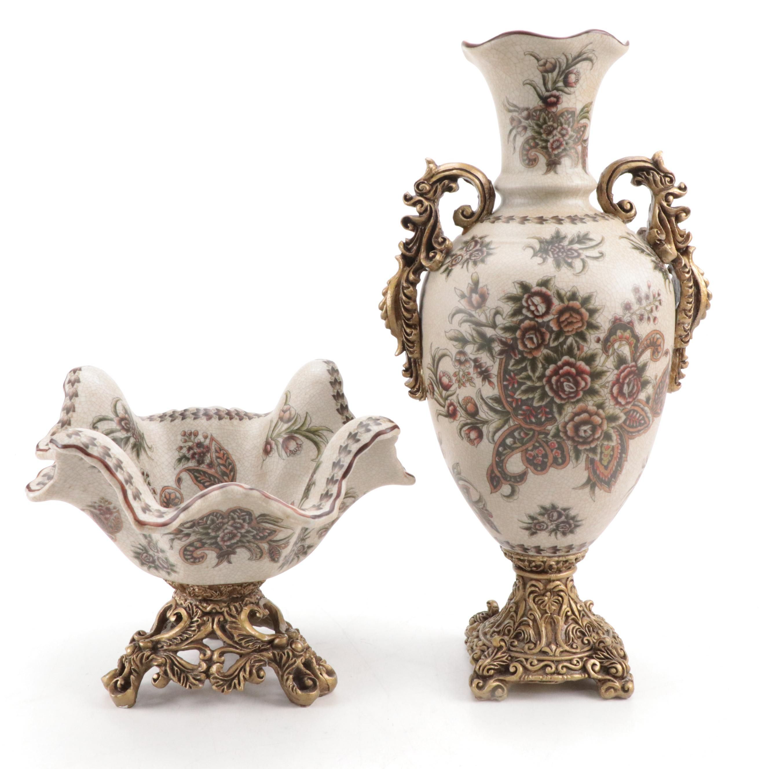 Chinese Crackle Glaze Floral Motif Vase and Compote, 21st Century